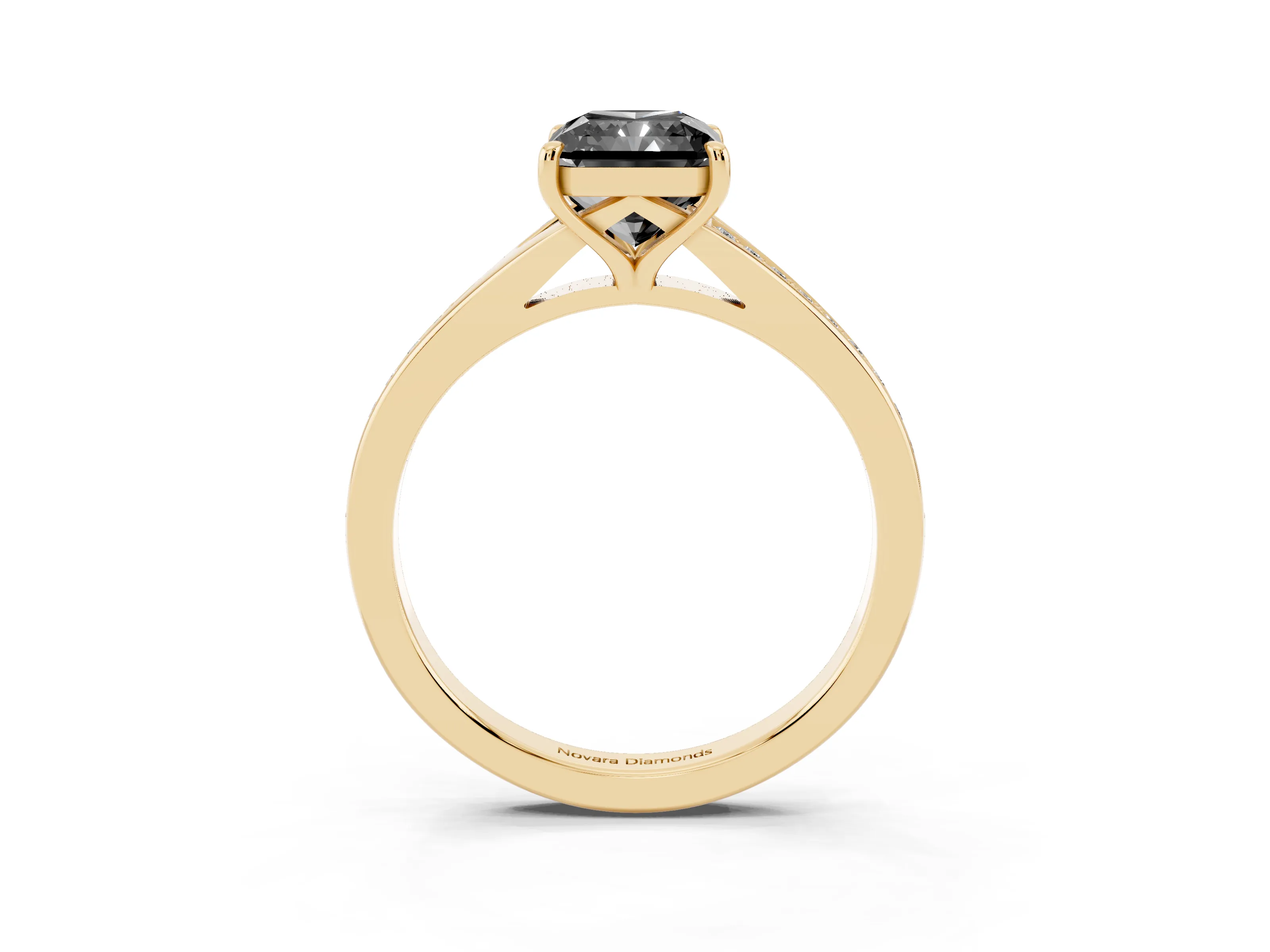 Fancy Black Radiant Cut Diamond Solitaire Ring Set in Yellow gold with Pavé Accent Band and Classic Prong Setting