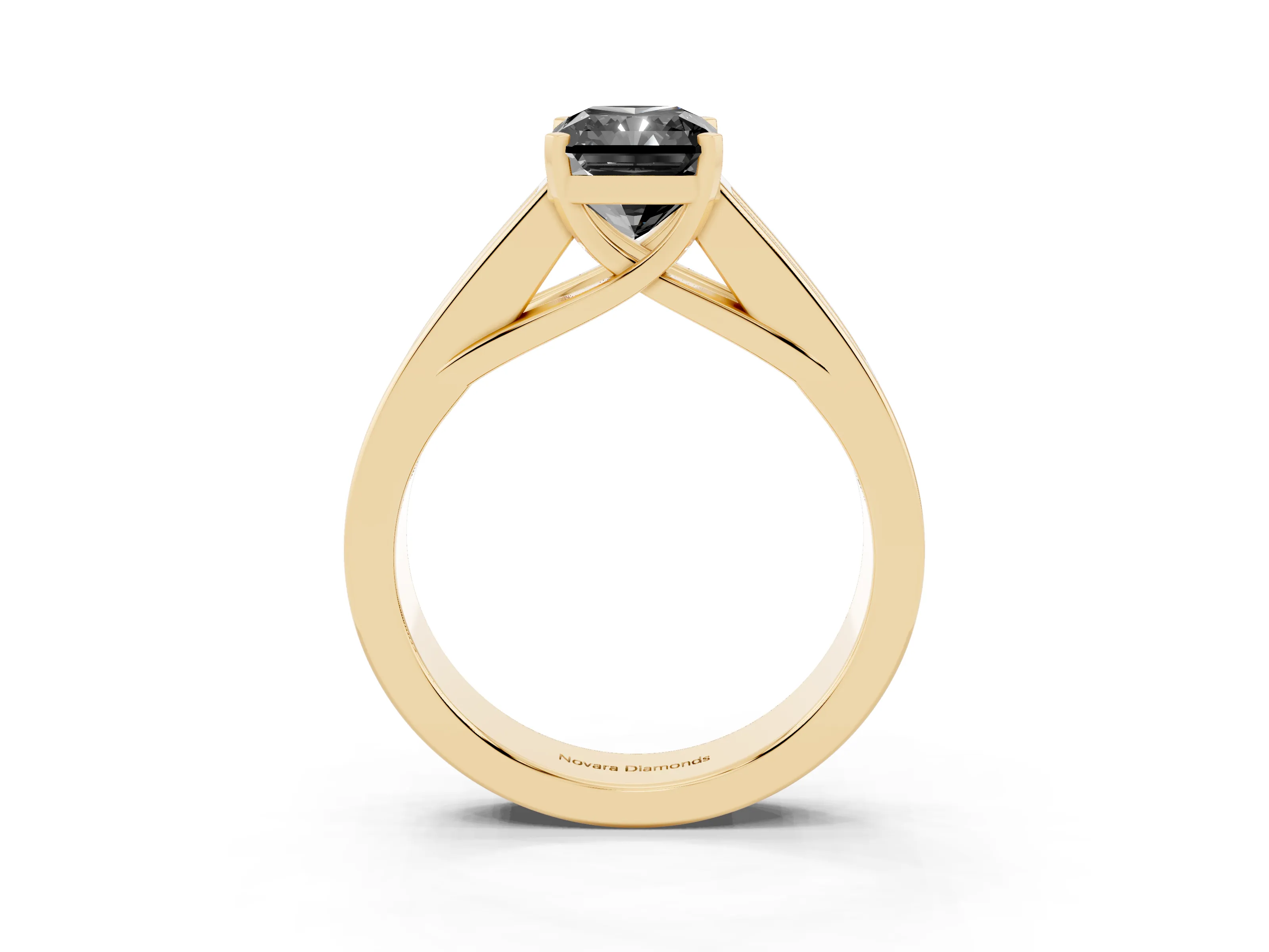 Fancy Black Radiant Cut Diamond Solitaire Ring Set in Yellow gold with Channel-Set Accent Stones and Prong Setting