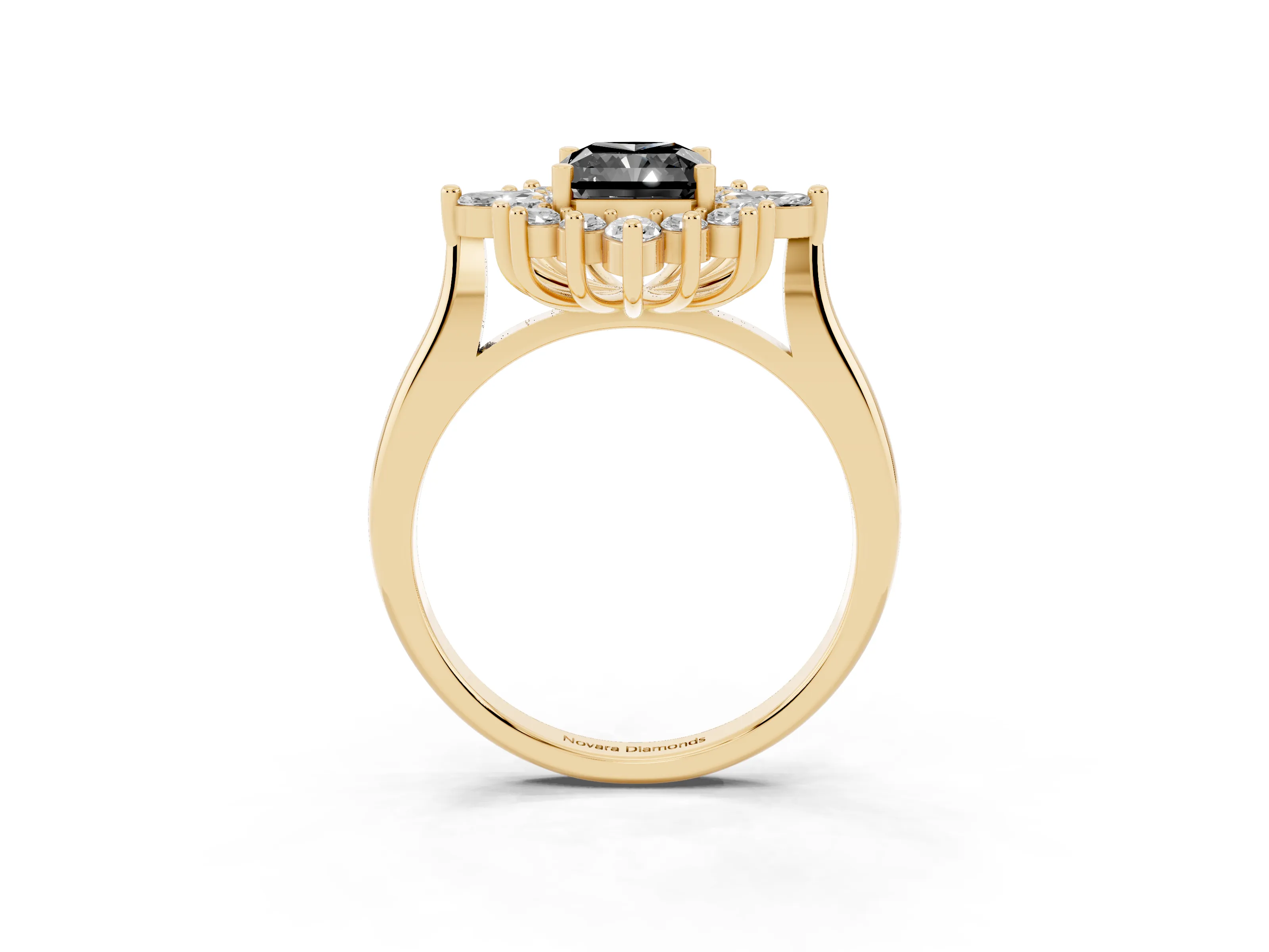 Fancy Black Radiant Cut Diamond Cluster Halo Ring Set in Yellow gold with Marquise and Round Accents