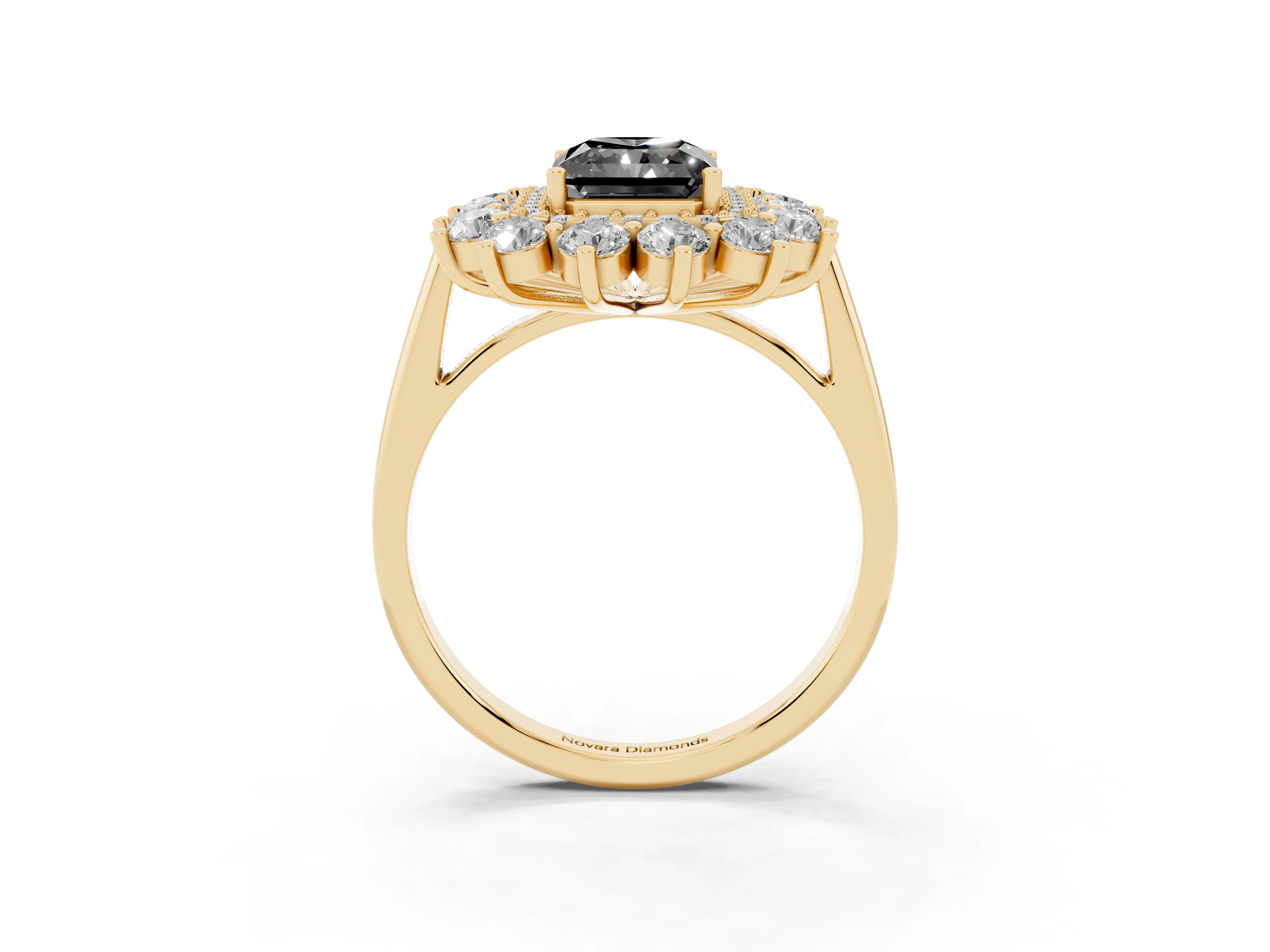 Fancy Black Radiant Cut Diamond Floral Double Halo Ring Set in Yellow gold with Round Petals