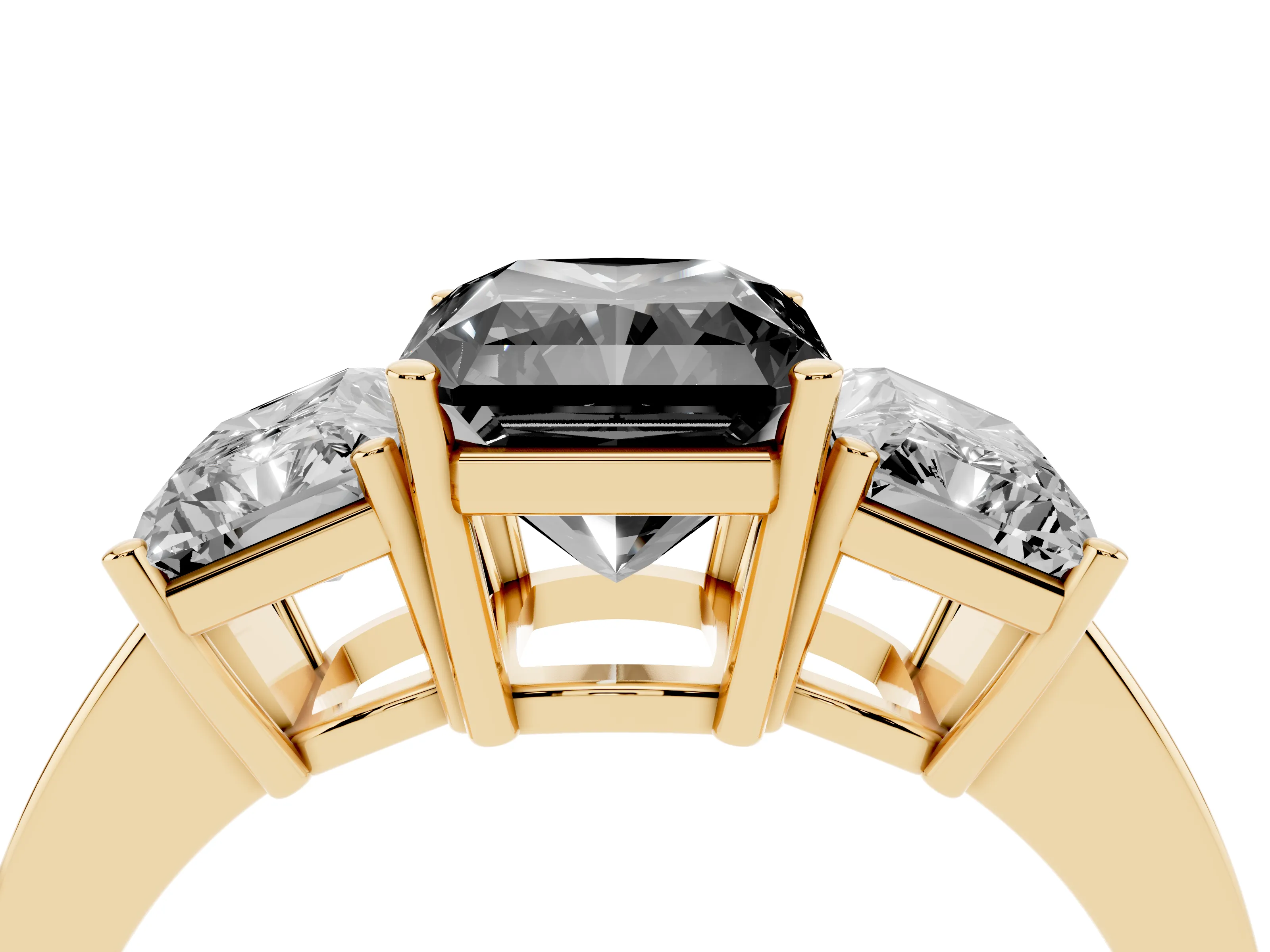 Fancy Black Radiant Cut Diamond Three-Stone Engagement Ring Set in Yellow gold with Flat Band