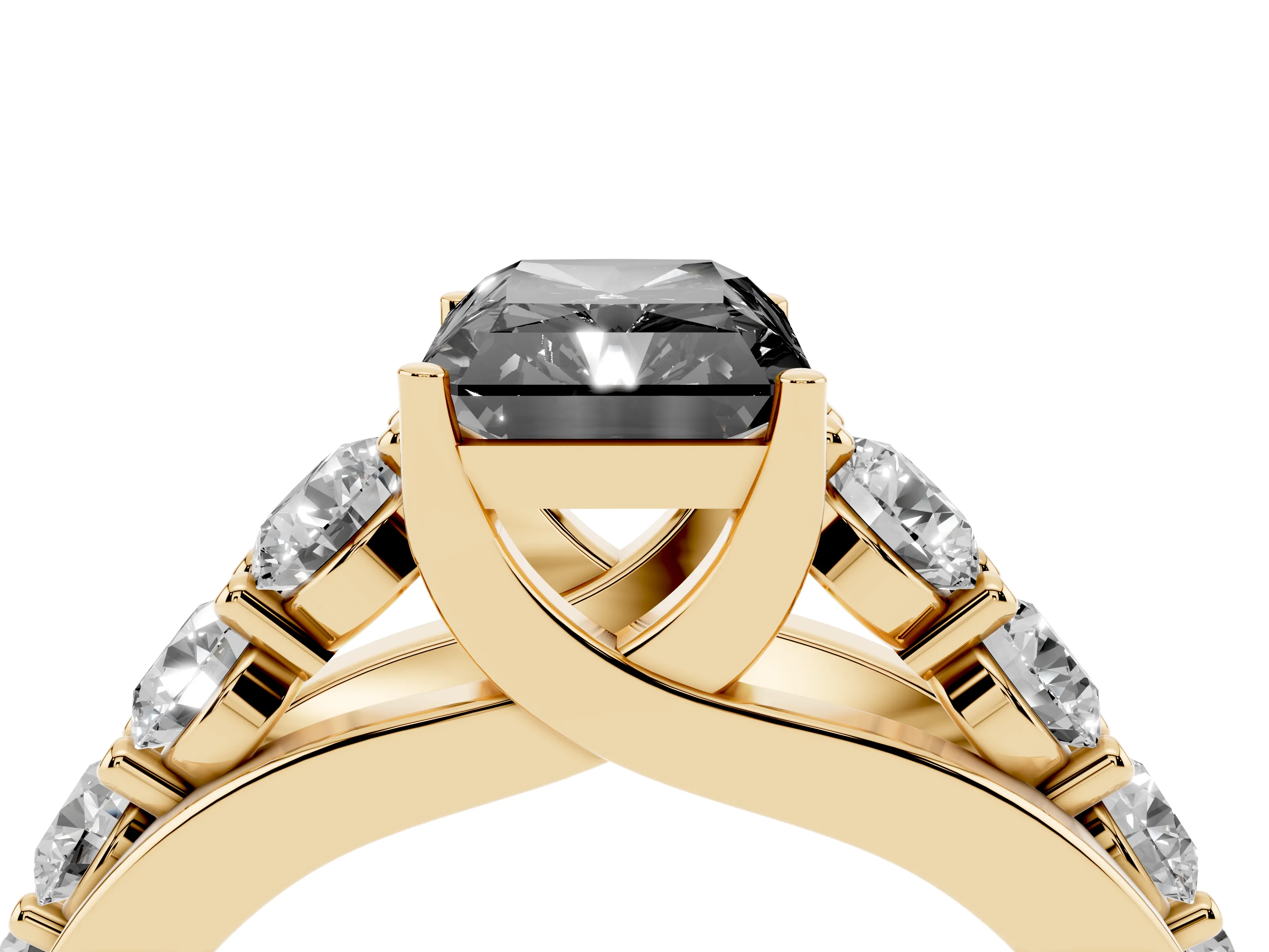 Fancy Black Radiant Cut Diamond Pavé Engagement Ring Set in Yellow gold with Prong Setting