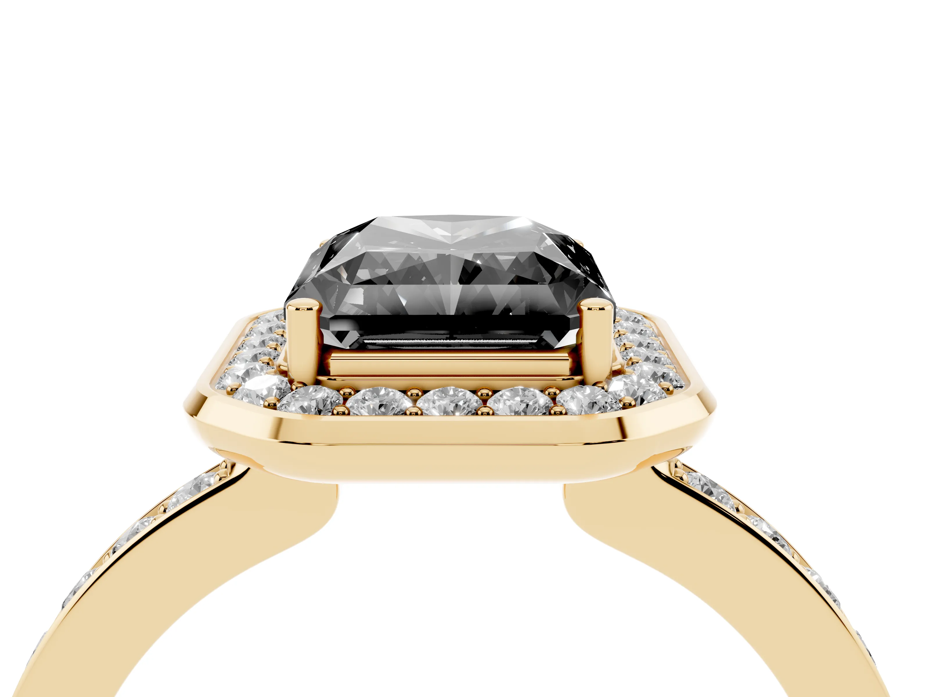 Fancy Black Radiant Cut Diamond Halo Ring Set in Yellow gold with Bezel Frame and Pavé Band