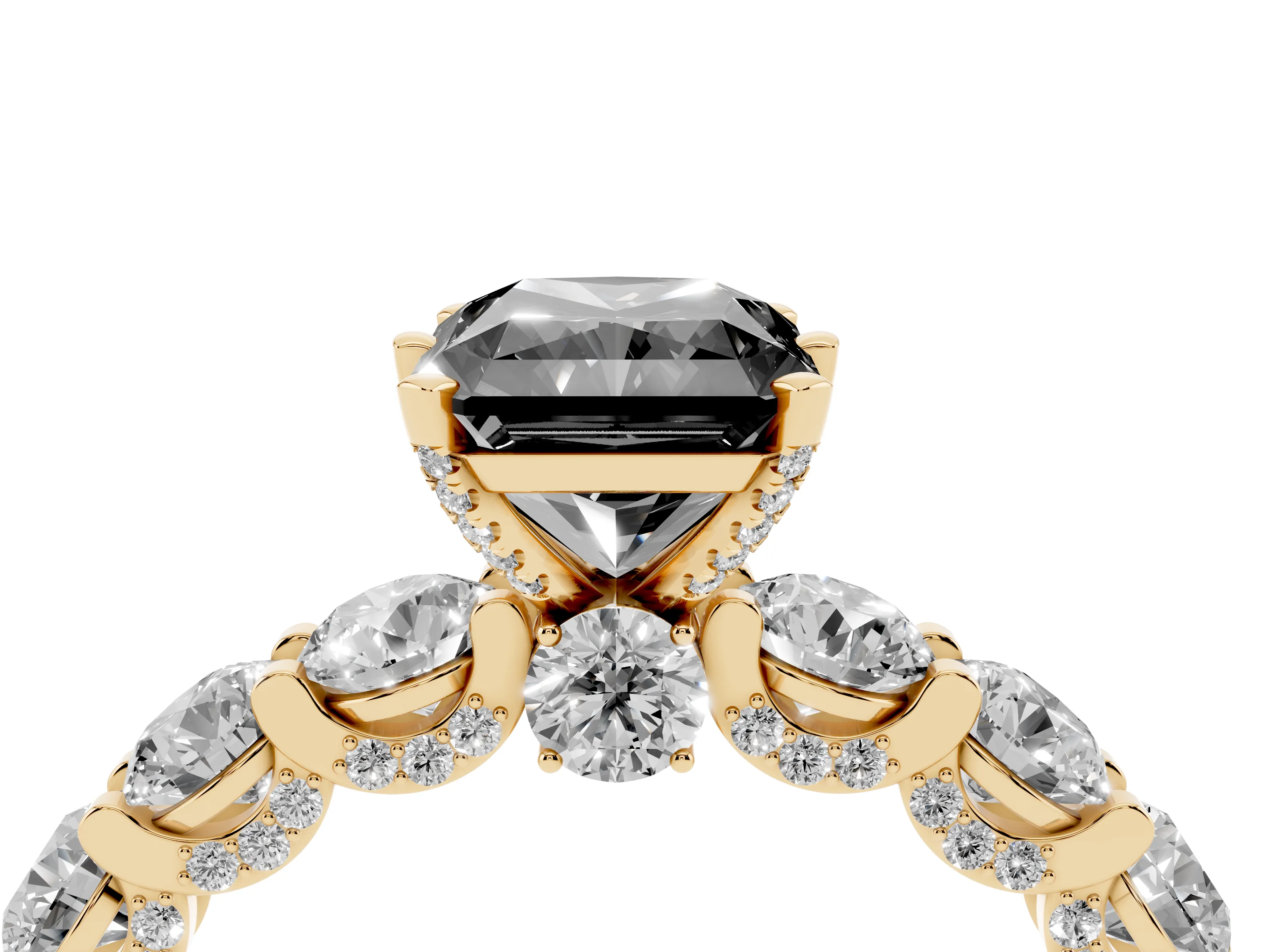 Fancy Black Radiant Cut Diamond Side Stone Ring Set in Yellow gold with Alternating Round and Oval Side Stones