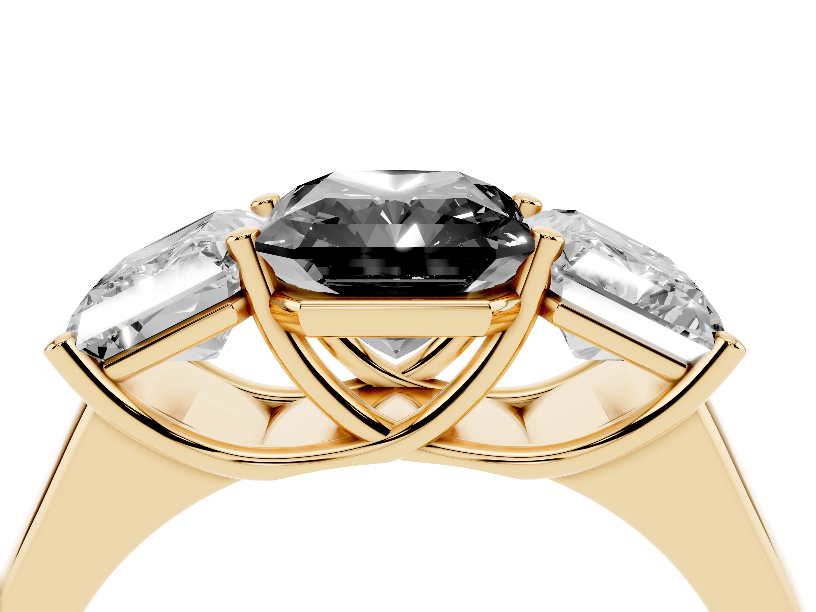 Fancy Black Radiant Cut Diamond Three-Stone Ring Set in Yellow gold with Plain Polished Band