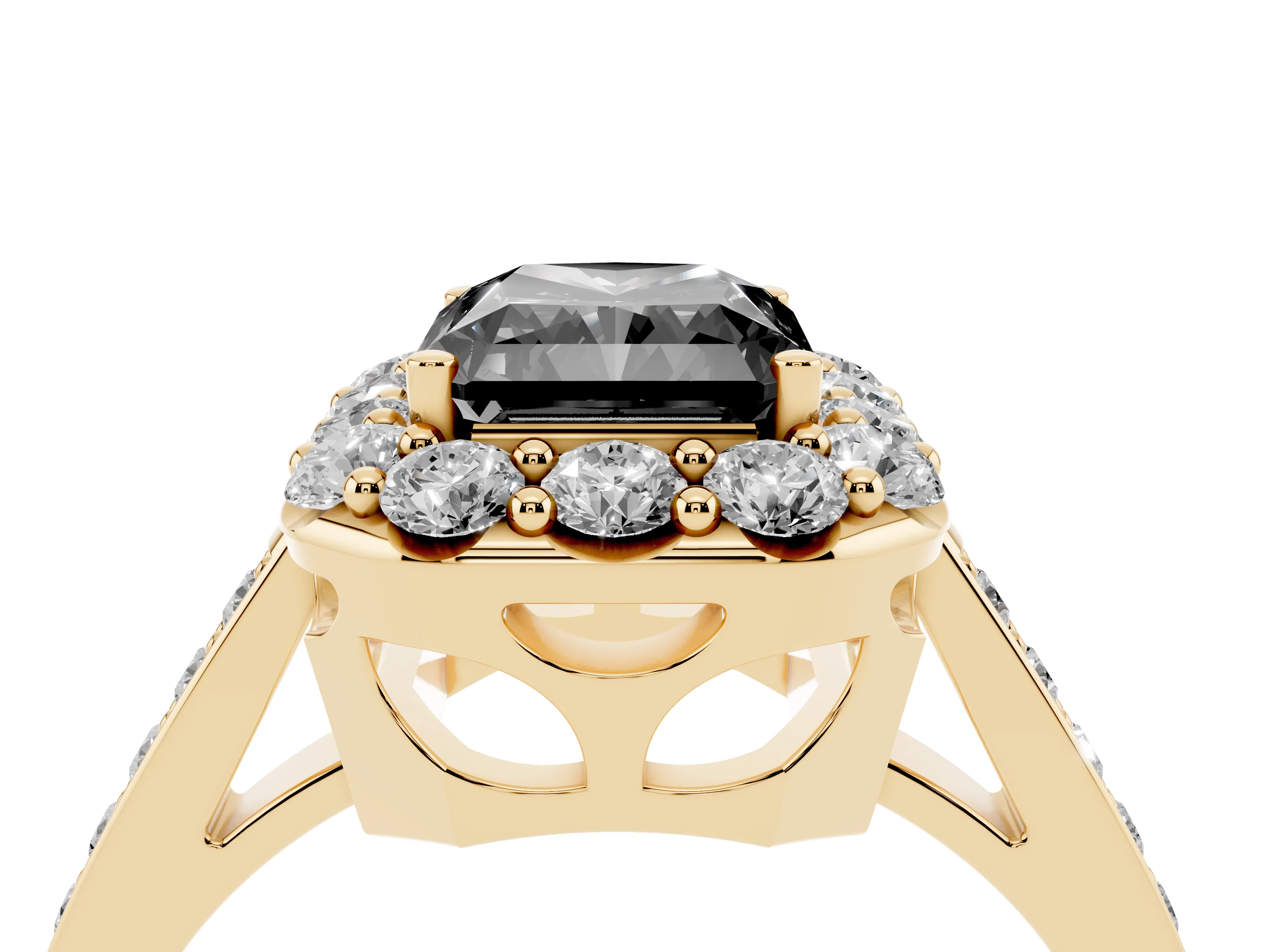 Fancy Black Radiant Cut Diamond Floral Halo Ring Set in Yellow gold with Pavé Band and Prong Setting