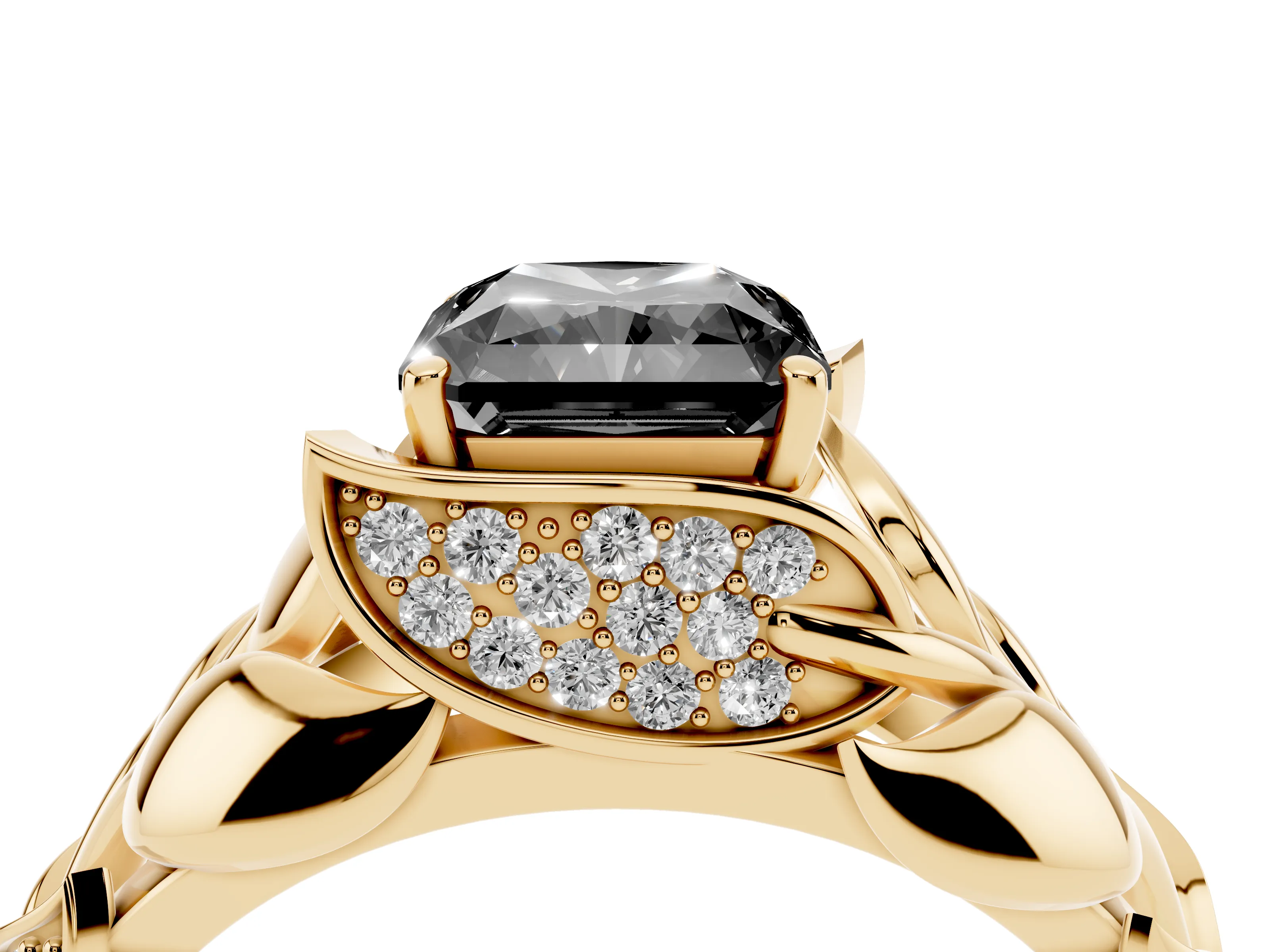 Fancy Black Radiant Cut Diamond Leaf-Inspired Engagement Ring Set in Yellow gold with Round Accents