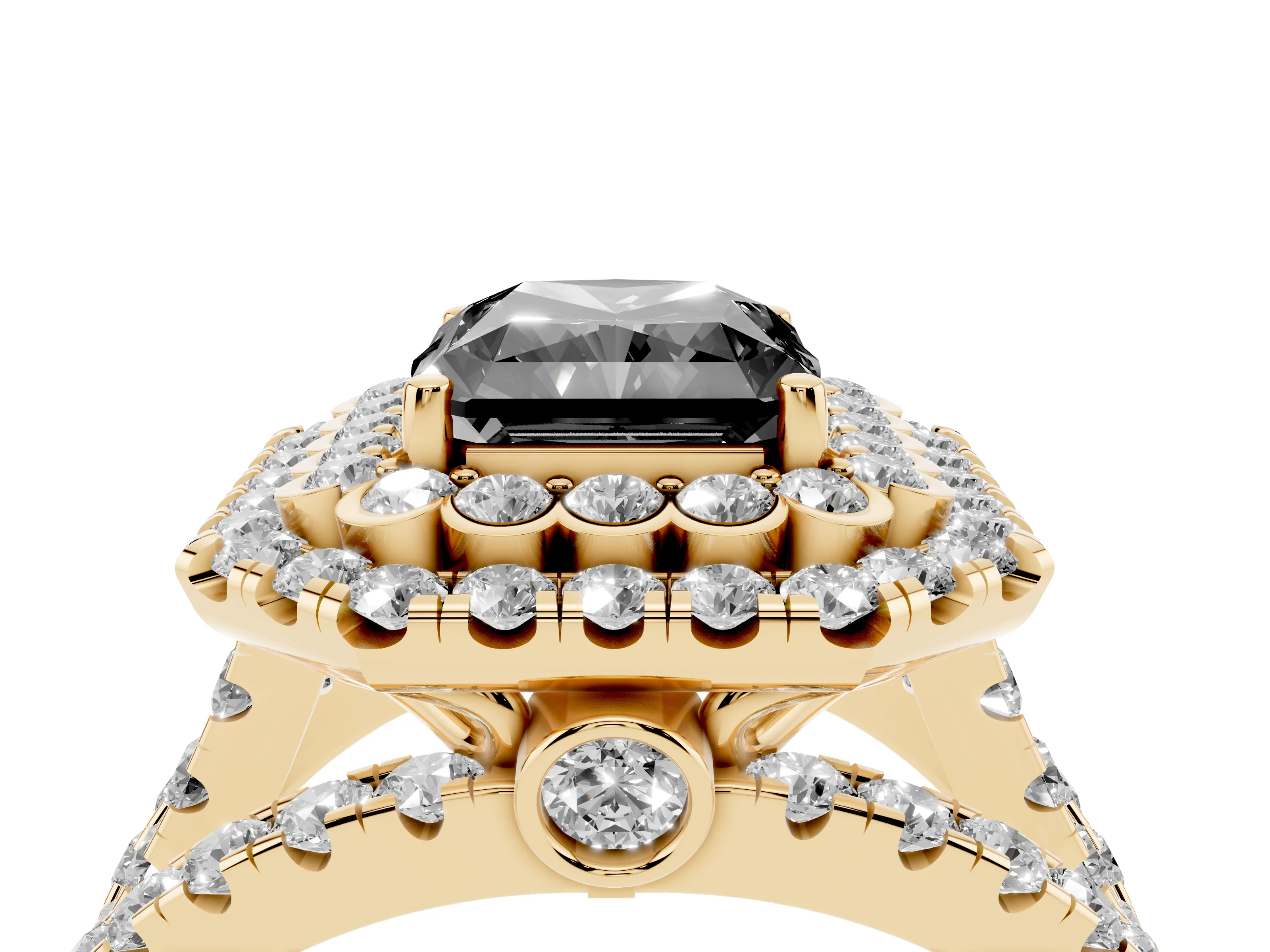 Fancy Black Radiant Cut Diamond Double Halo Ring Set in Yellow gold with Round Pavé Split Shank