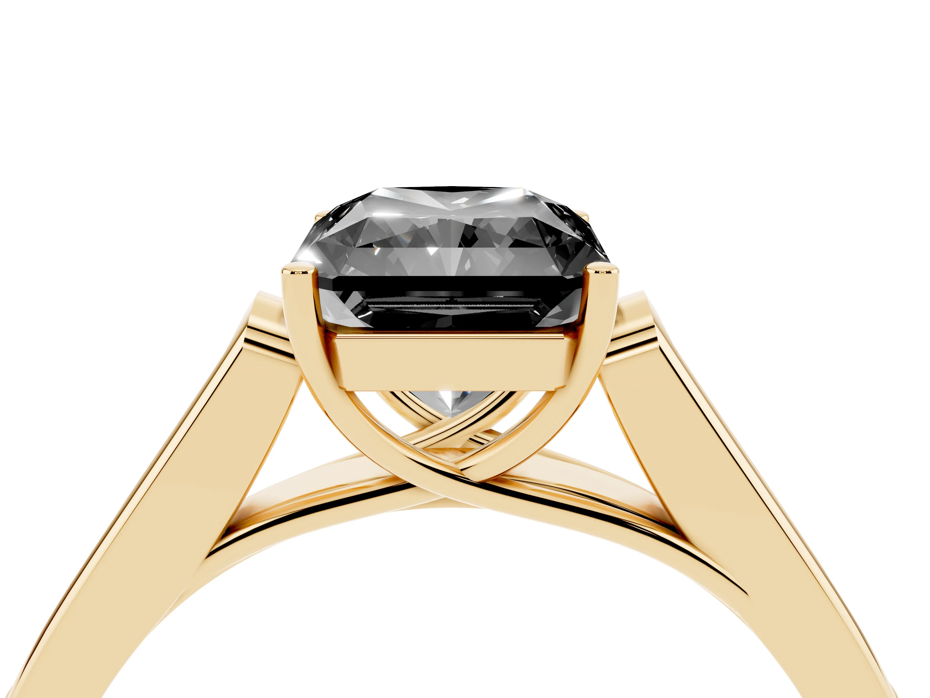 Fancy Black Radiant Cut Diamond Solitaire Cathedral Engagement Ring Set in Yellow gold with Channel-Set Band and Prong Setting