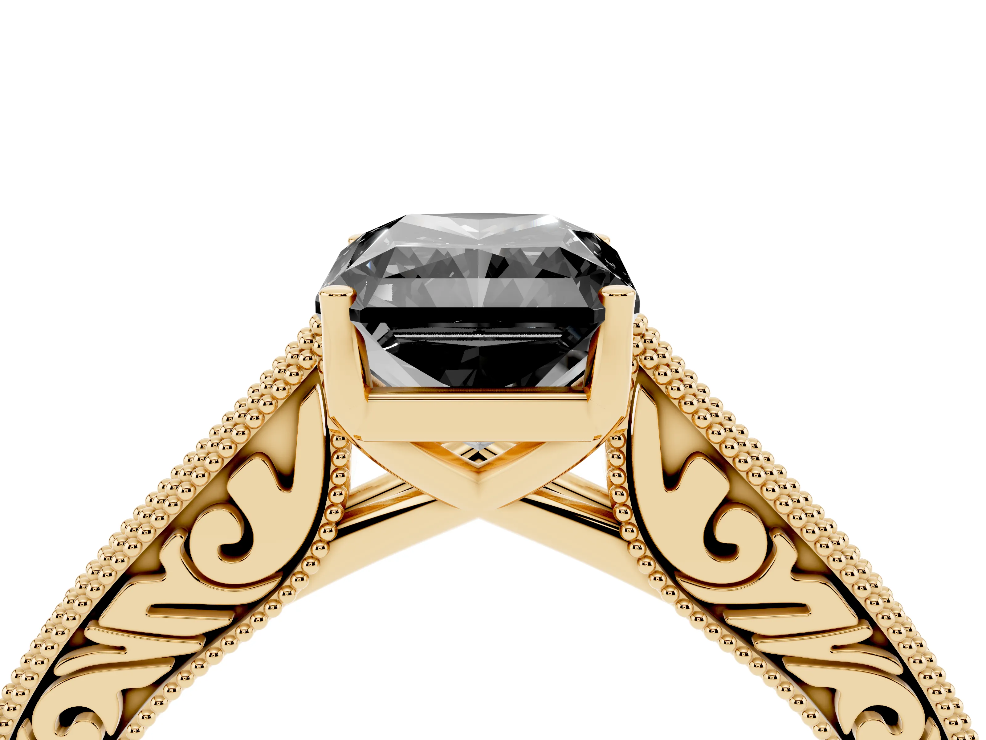 Fancy Black Radiant Cut Diamond Milgrain Pavé Band Solitaire Ring Set in Yellow gold with Prong Setting