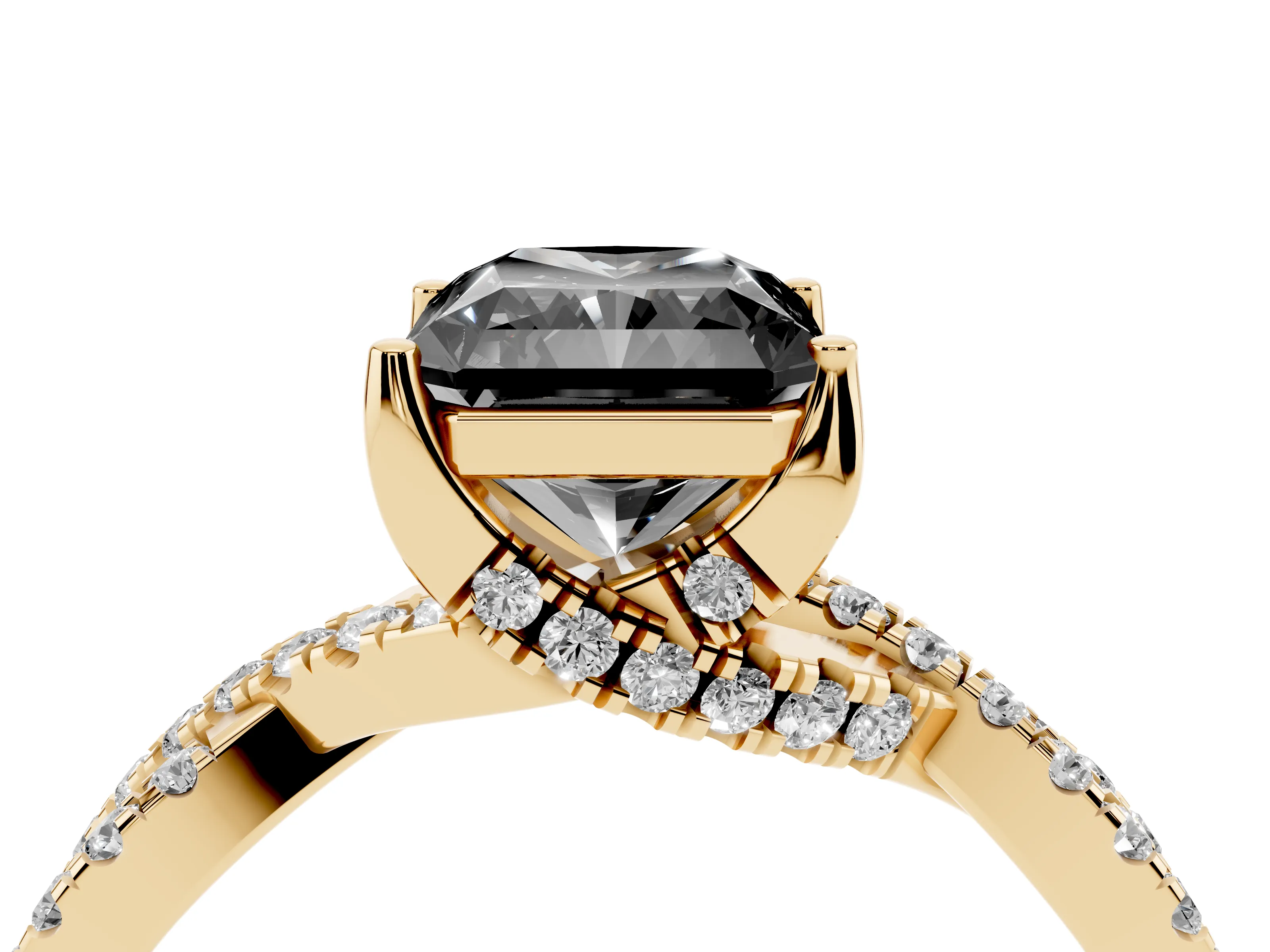 Fancy Black Radiant Cut Diamond Twist Pavé Solitaire Engagement Ring Set in Yellow gold with Prong Setting