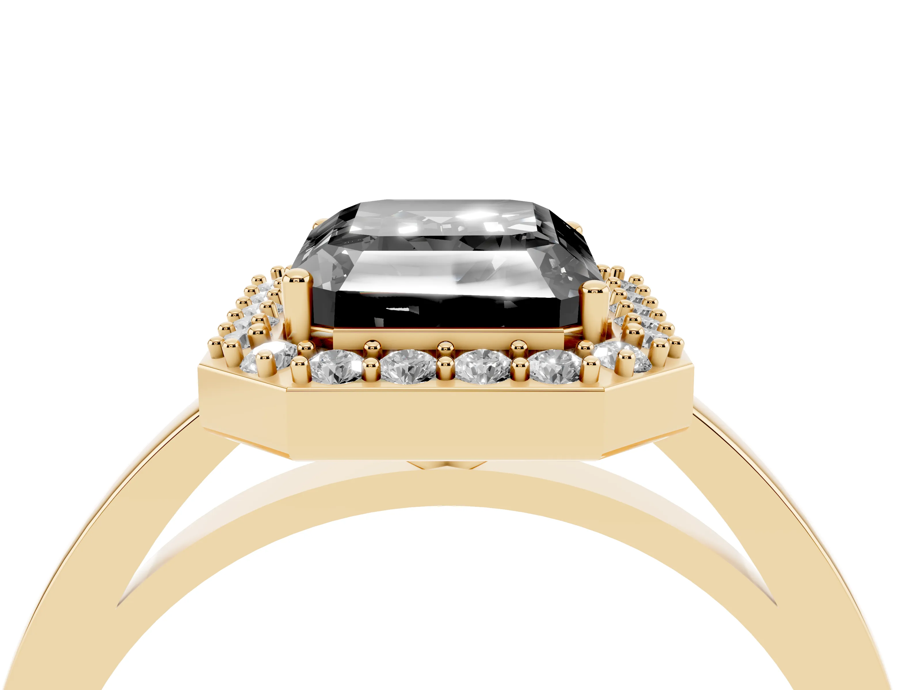 Fancy Black Radiant Cut Diamond Halo Ring Set in Yellow gold with Solitaire Band and Prong Setting