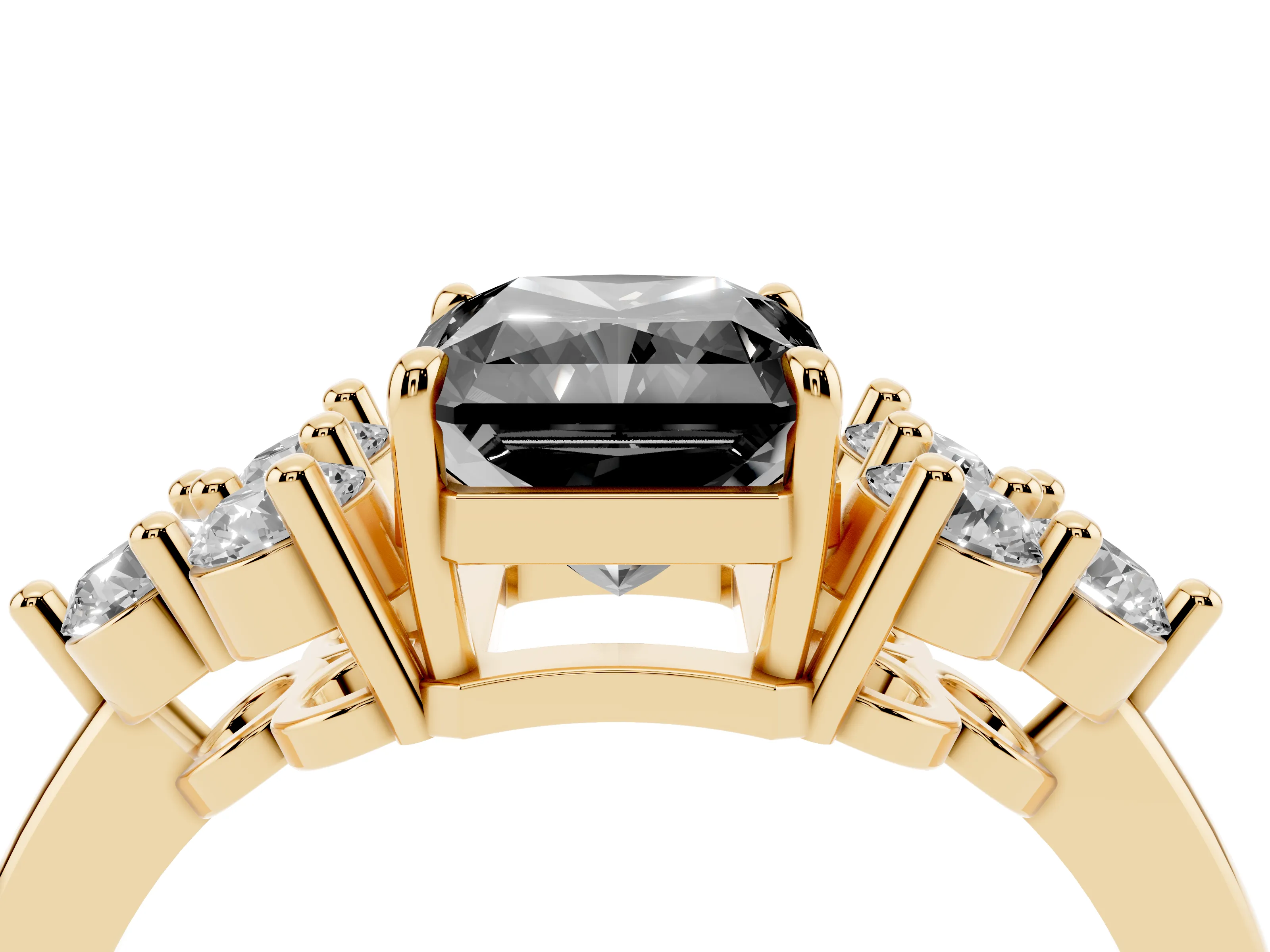 Fancy Black Radiant Cut Diamond Solitaire Ring Set in Yellow gold with Cluster Accents on Each Side