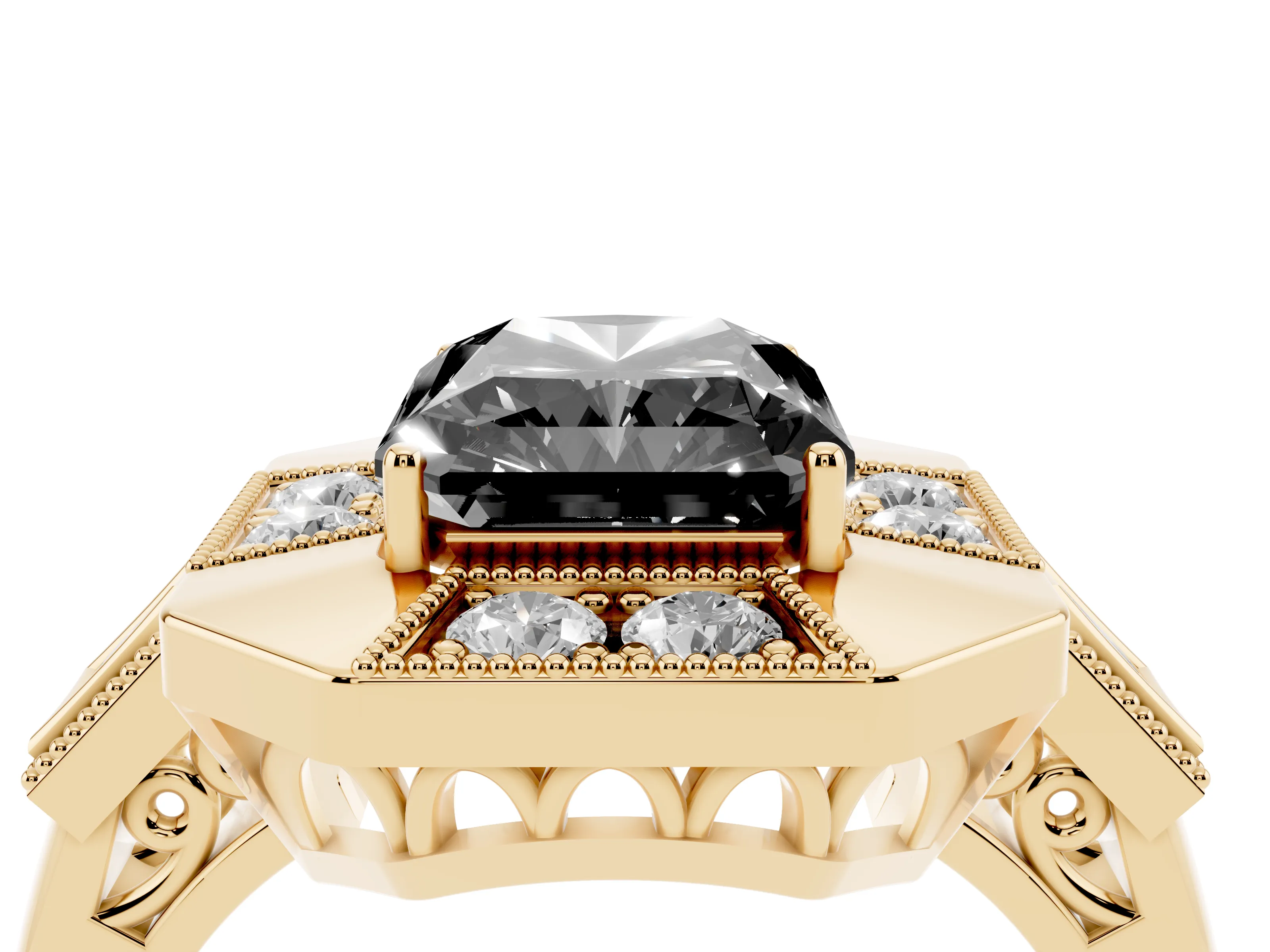 Fancy Black Radiant Cut Diamond Milgrain Halo Ring Set in Yellow gold with Split Shank