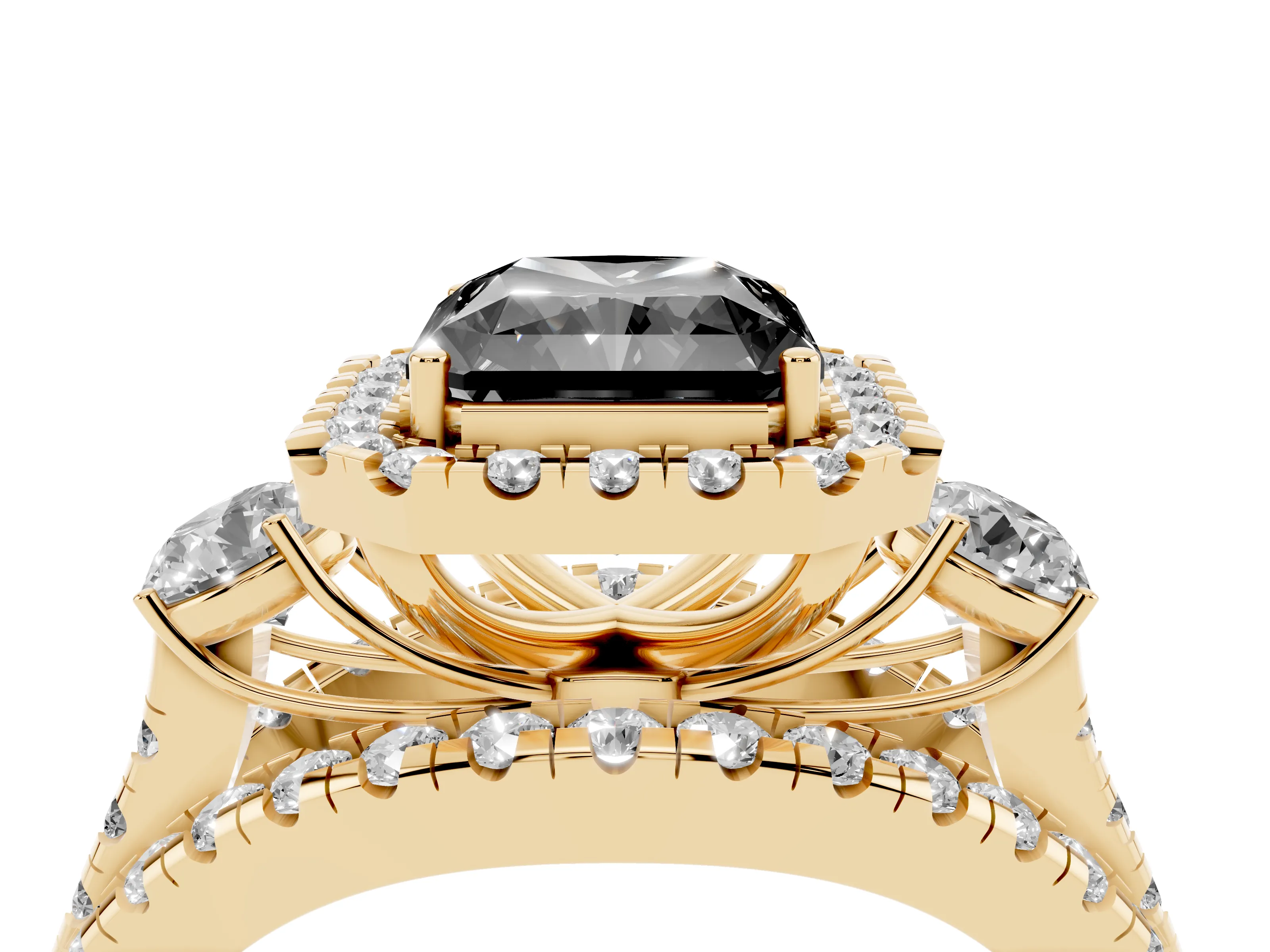 Fancy Black Radiant Cut Diamond Halo Split Shank Ring Set in Yellow gold with Round Accent Stones and Prong Setting