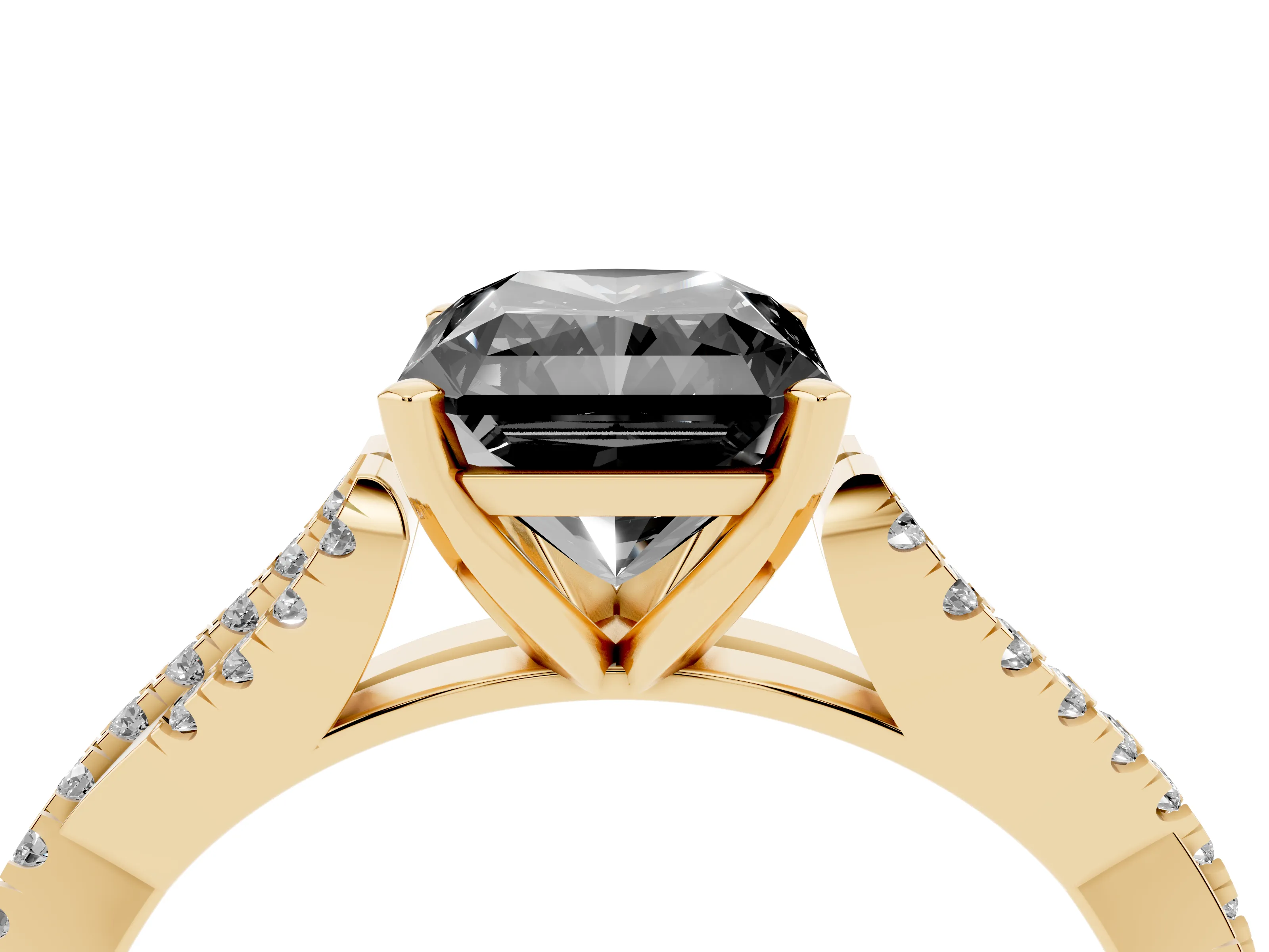 Fancy Black Radiant Cut Diamond Solitaire Engagement Ring Set in Yellow gold with Twisted Pavé Band and Prong Setting