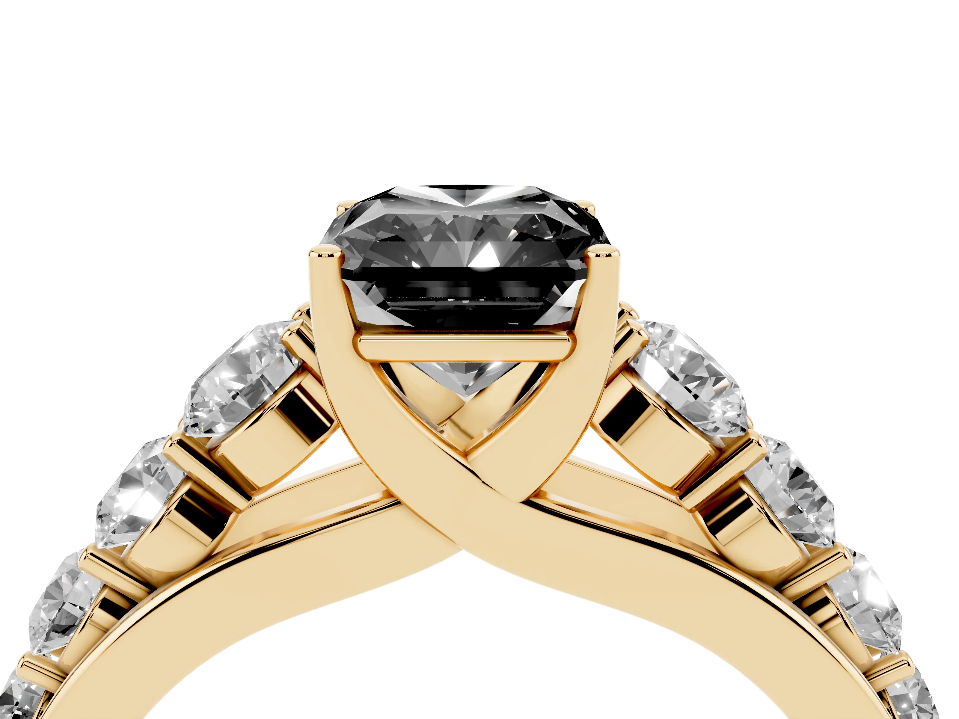 Fancy Black Radiant Cut Diamond Solitaire Ring Set in Yellow gold with Pavé-Set Band and Prong Setting