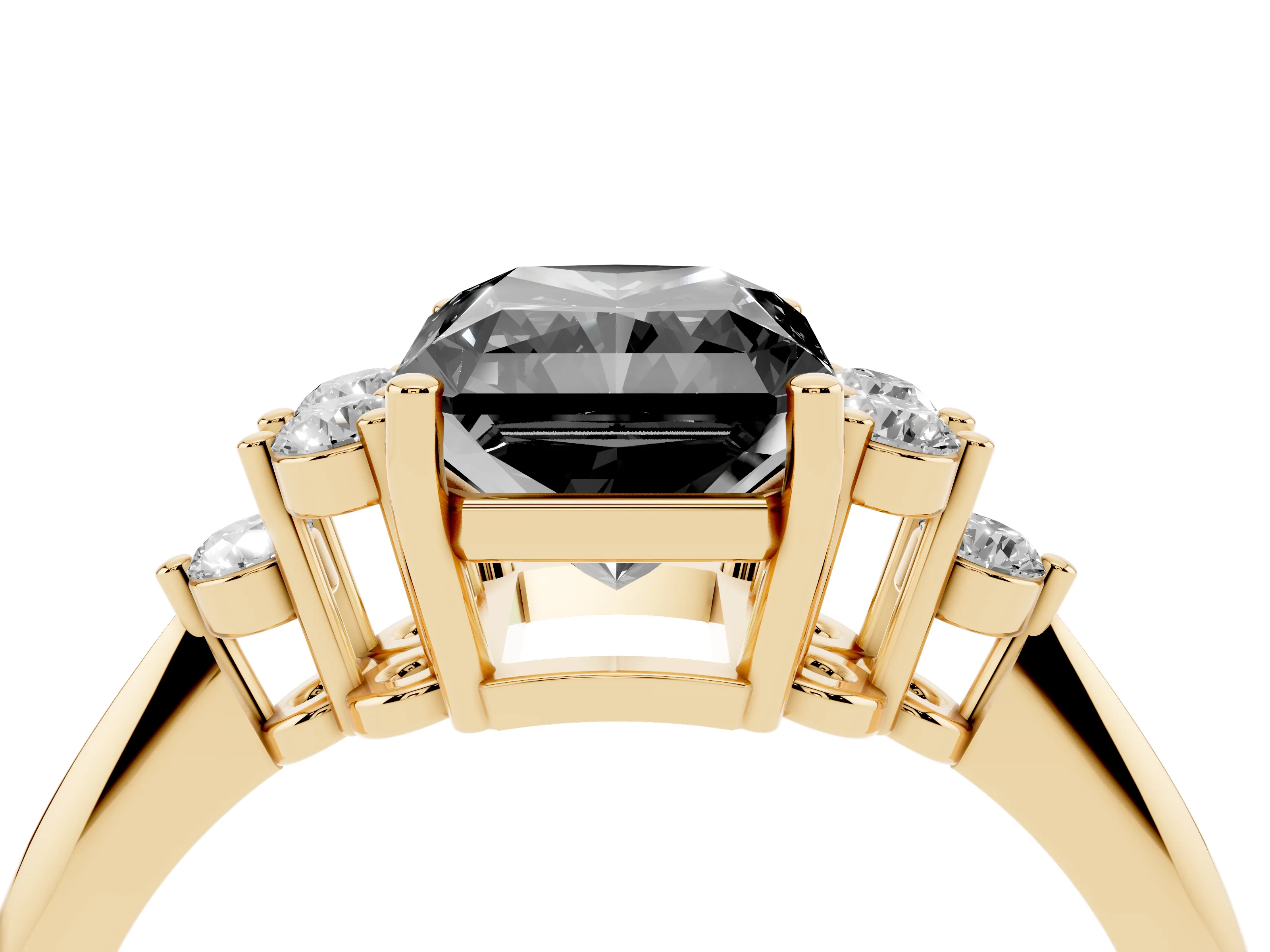 Fancy Black Radiant Cut Diamond Cluster Ring Set in Yellow gold with Plain Band and Prong Setting