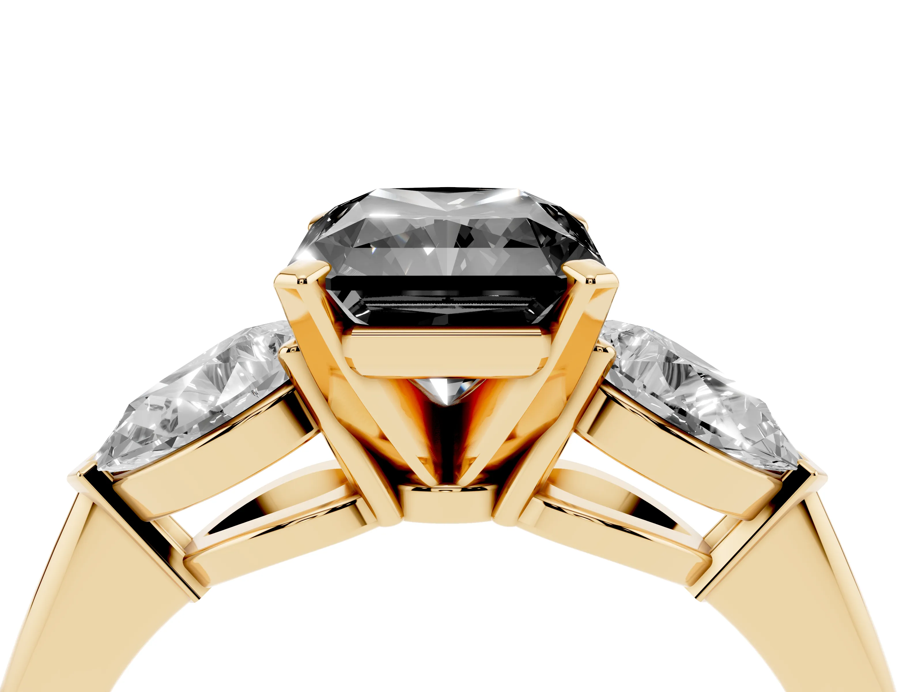 Fancy Black Three-Stone Radiant Cut Diamond Ring Set in Yellow gold with Pear Side Stones and Prong Setting