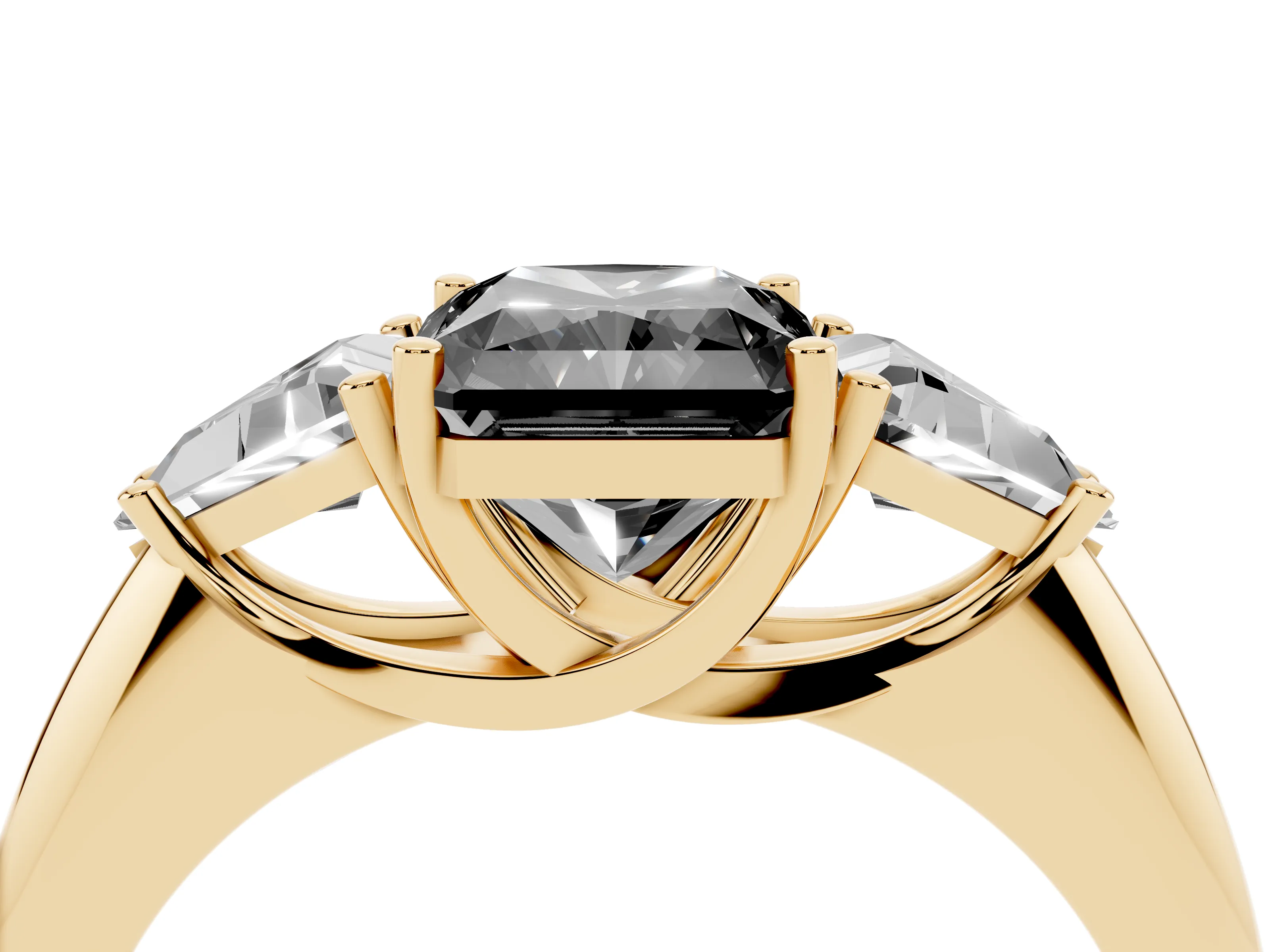 Fancy Black Radiant Cut Diamond Three-Stone Engagement Ring Set in Yellow gold with Trillion Side Stones