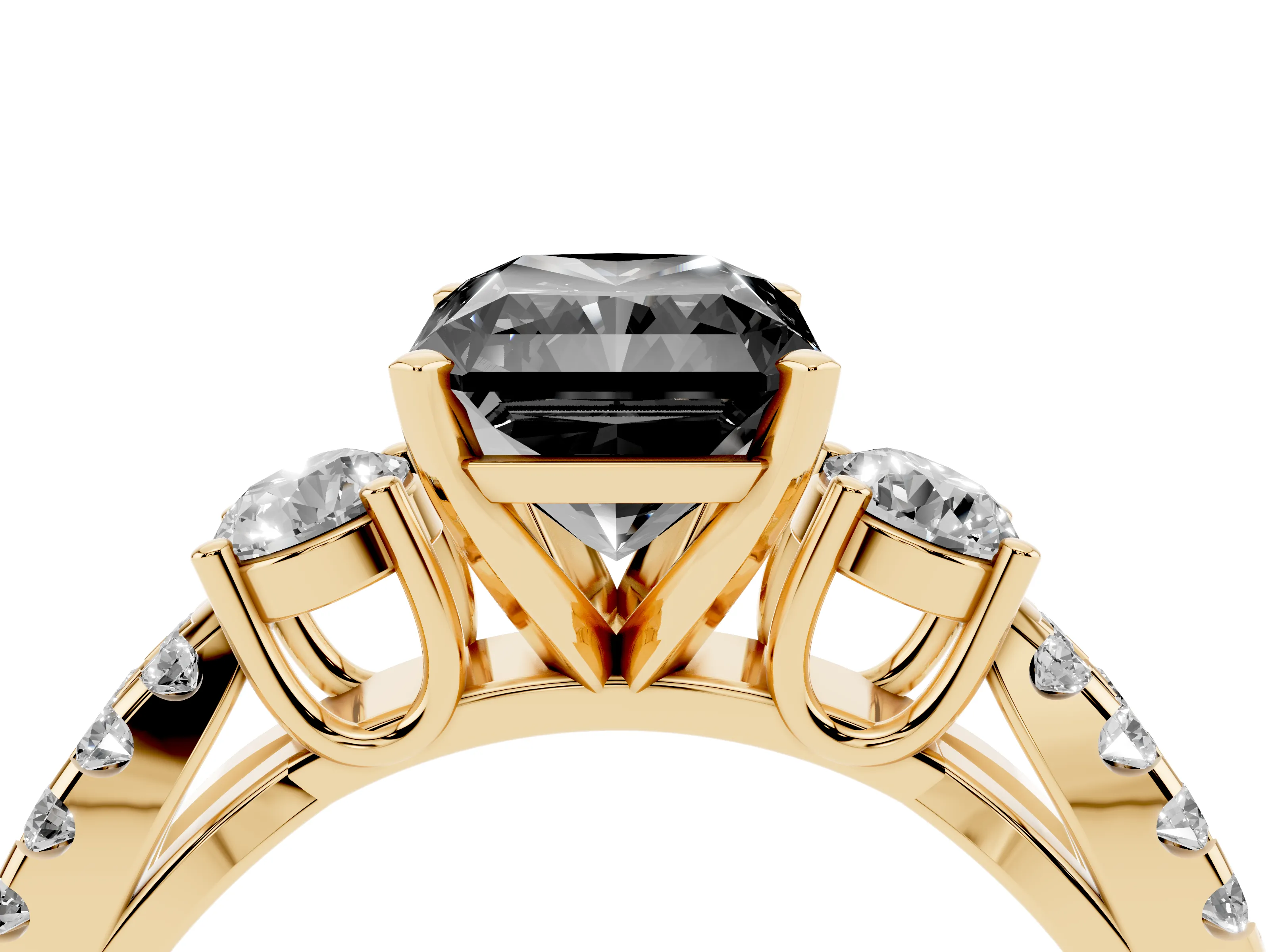 Fancy Black Radiant Cut Diamond Three-Stone Ring Set in Yellow gold with Pavé Split Shank and Prong Setting