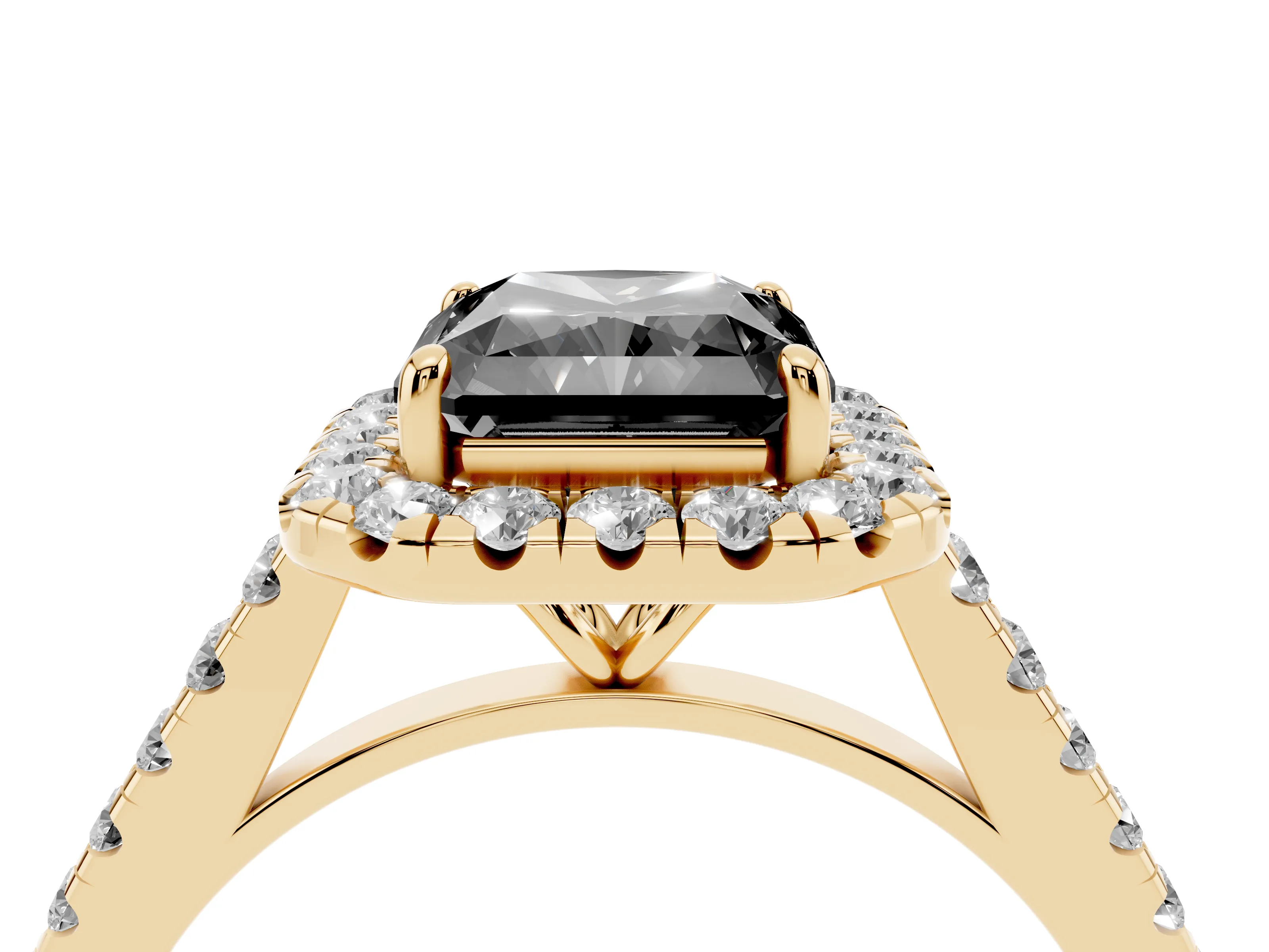 Fancy Black Radiant Cut Diamond Halo Pavé Engagement Ring Set in Yellow gold with Prong Setting