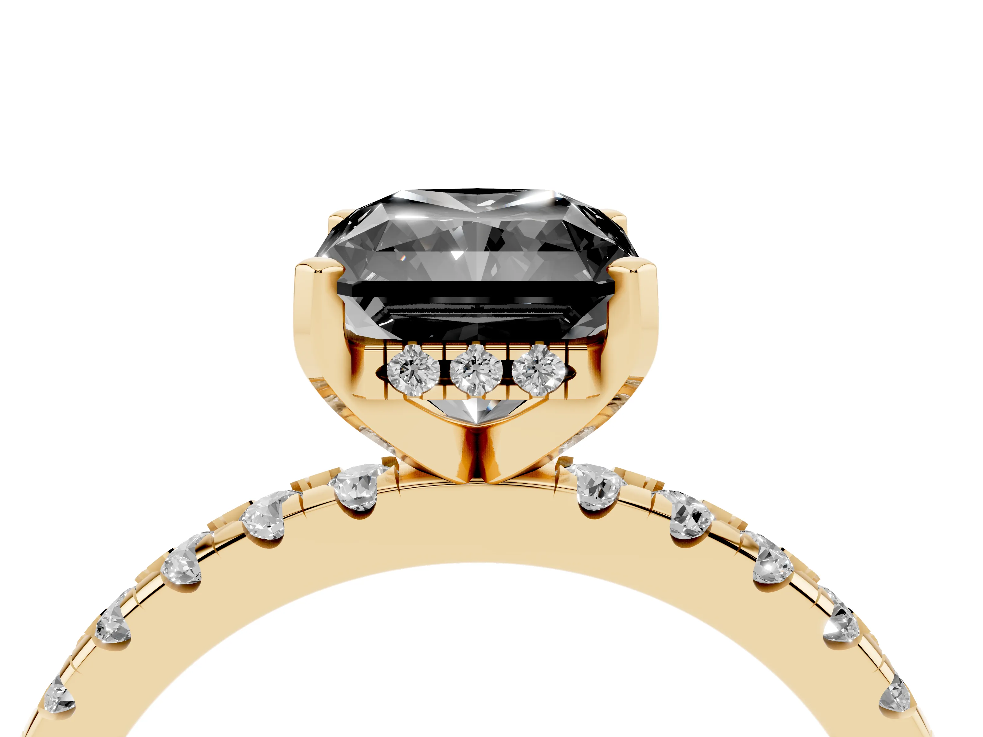 Fancy Black Radiant Cut Diamond Pavé Solitaire Ring Set in Yellow gold with Round Band Accents and Prong Setting