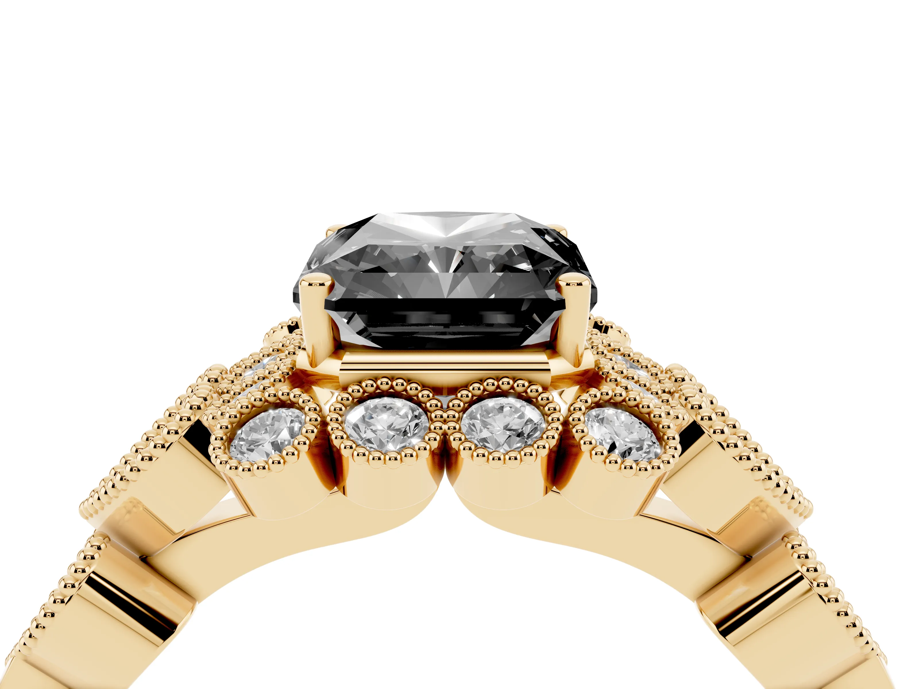 Fancy Black Radiant Cut Diamond Solitaire Ring Set in Yellow gold with Milgrain Pavé Heart Band