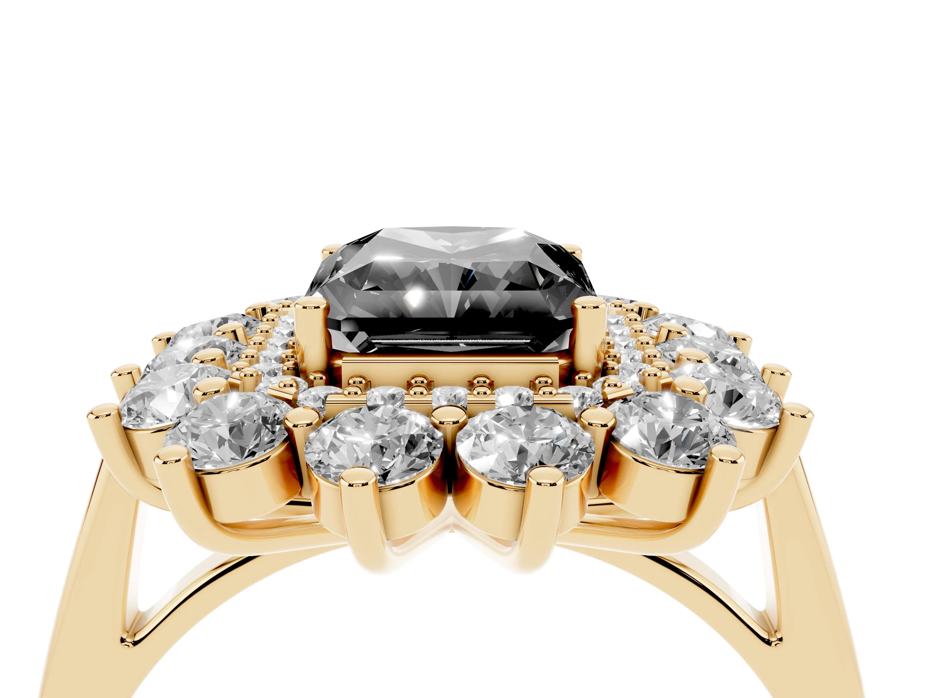 Fancy Black Radiant Cut Diamond Floral Double Halo Ring Set in Yellow gold with Round Petals