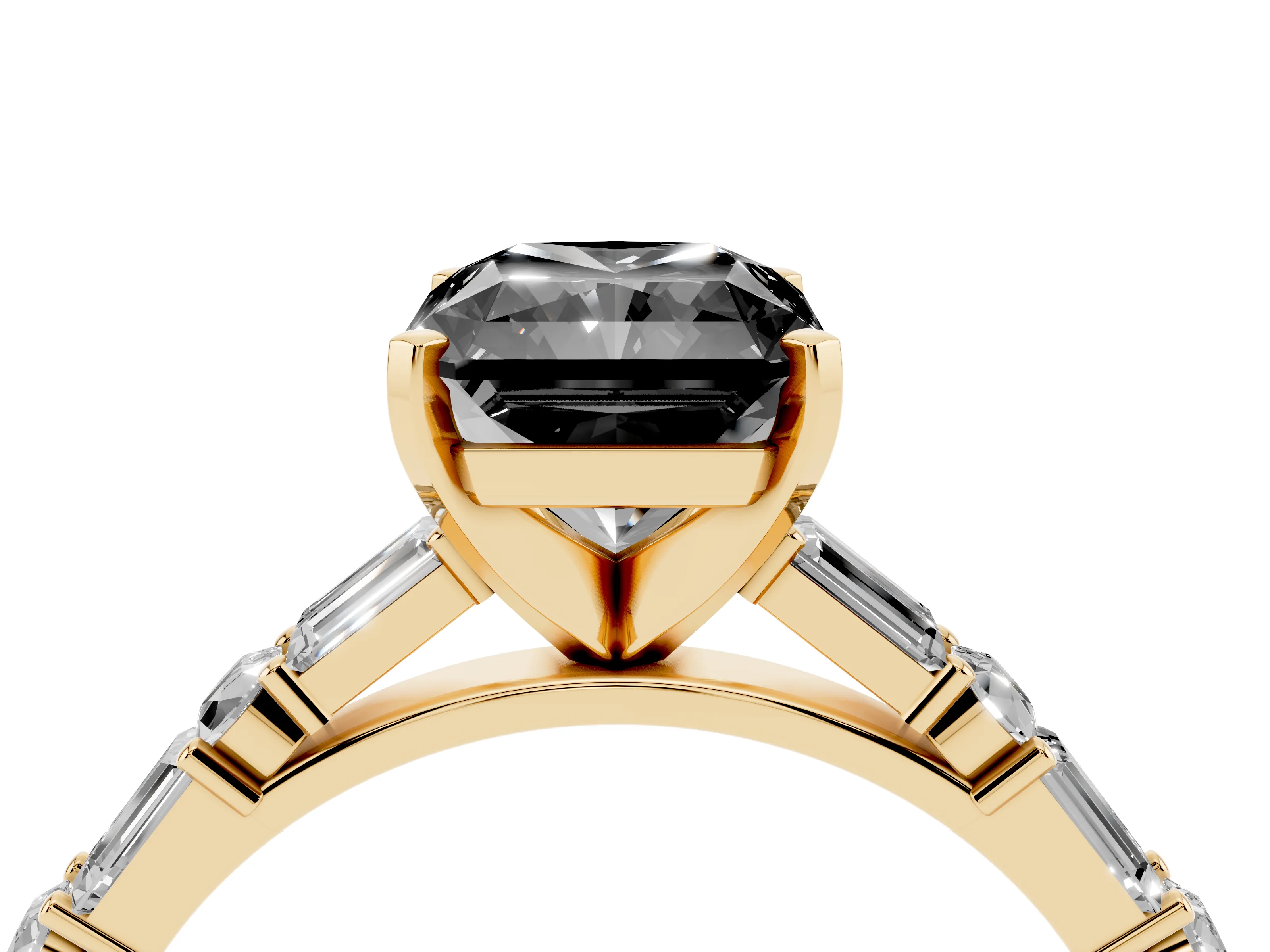 Fancy Black Radiant Cut Diamond Solitaire Set in Yellow gold with Side Baguettes and Channel Set Band
