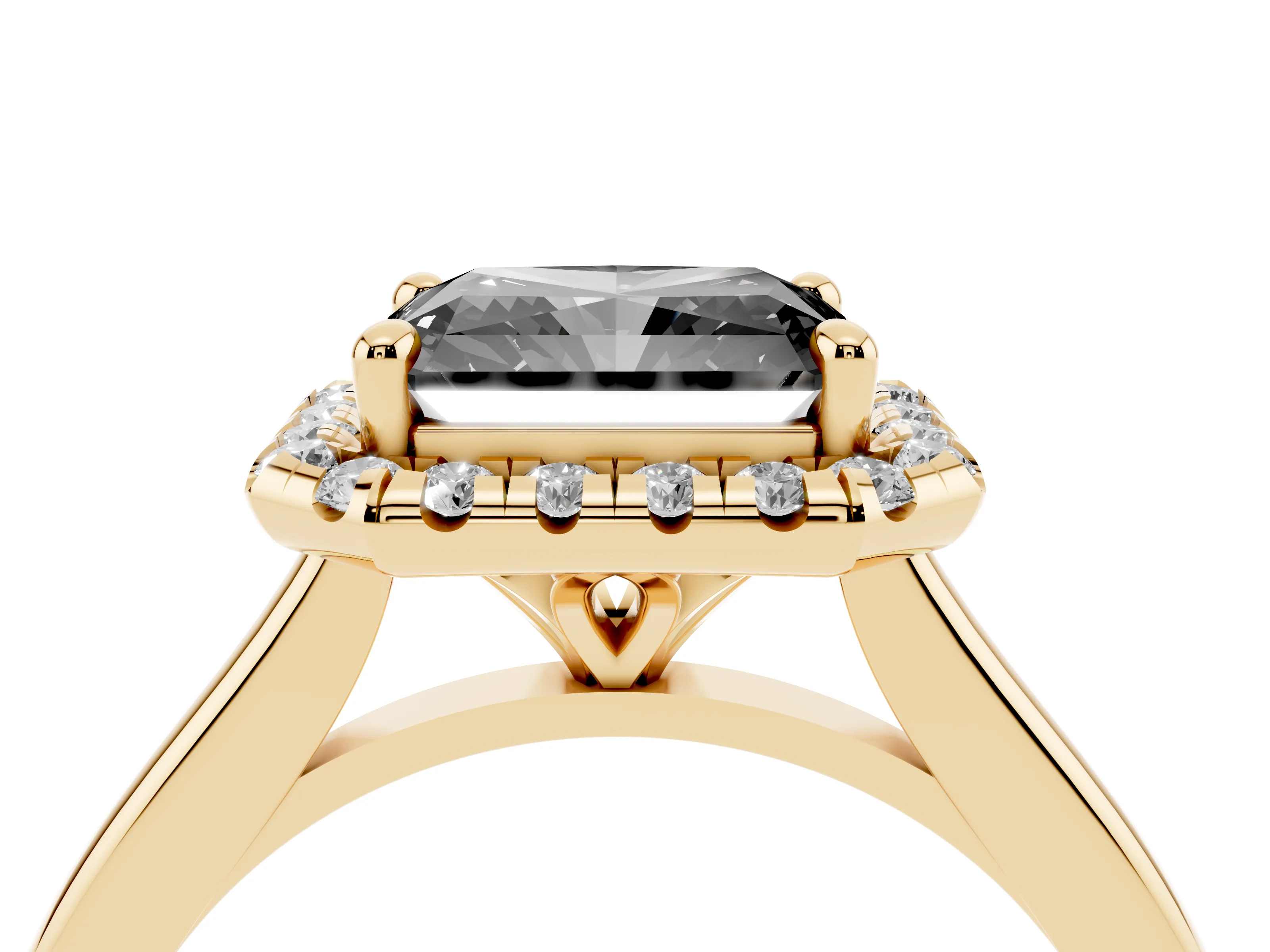 Fancy Black Radiant Cut Diamond Halo Engagement Ring Set in Yellow gold with Pavé Band and Rising Shoulders