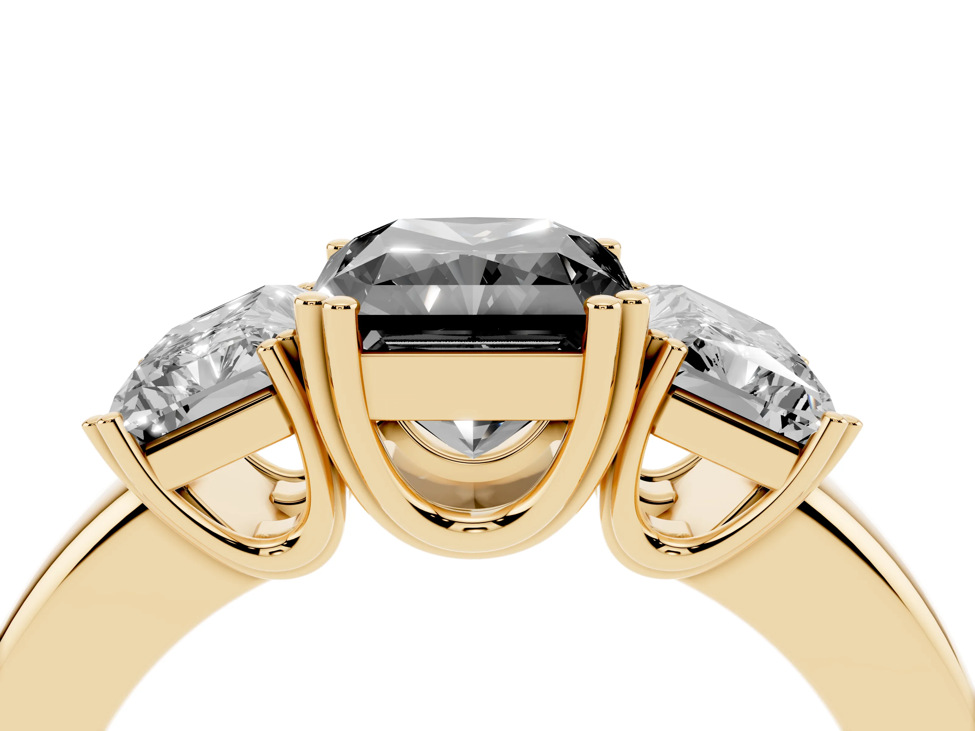 Fancy Black Radiant Cut Diamond Three-Stone Ring Set in Yellow gold with Polished Channel-Set Band