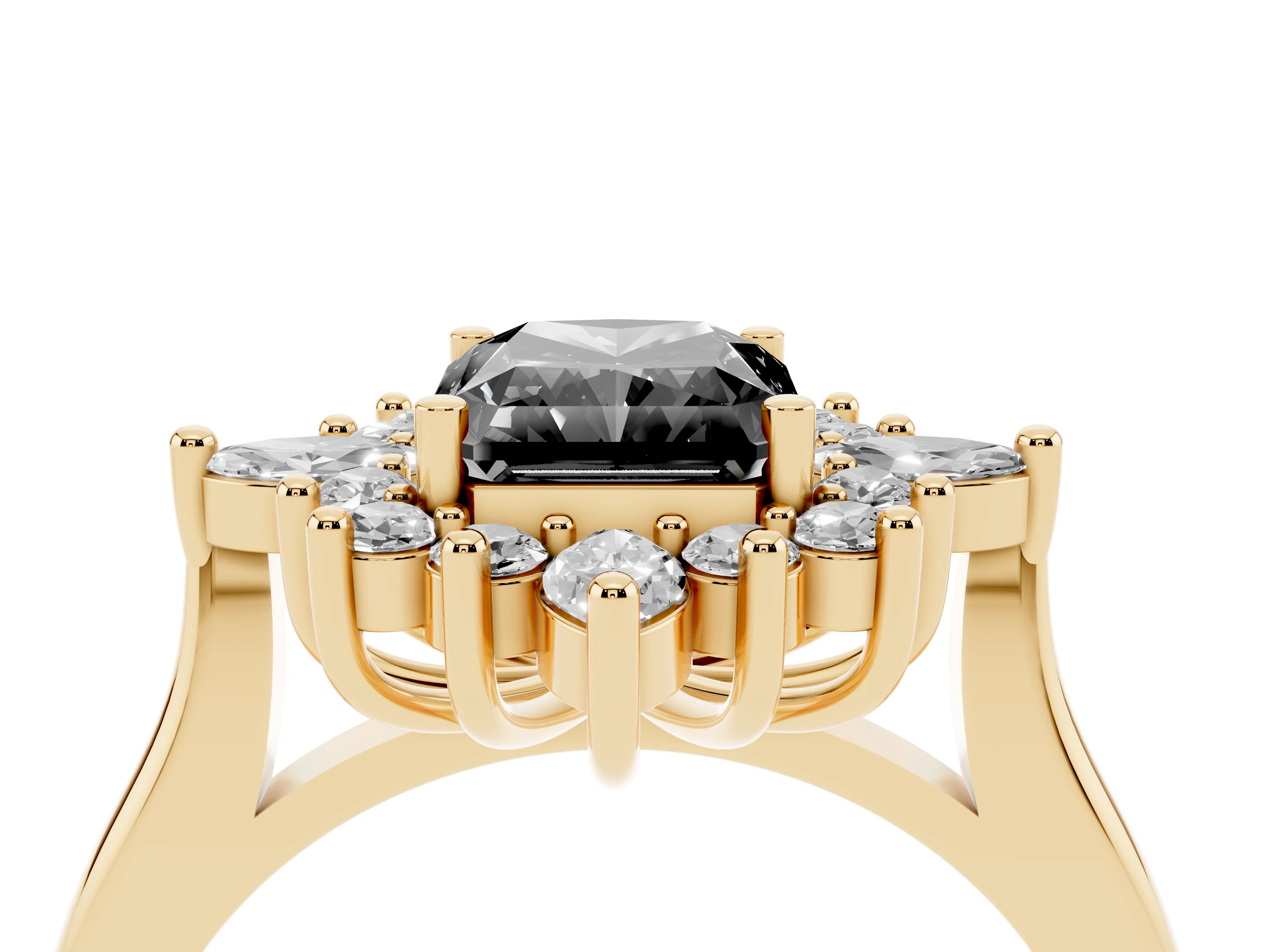 Fancy Black Radiant Cut Diamond Cluster Halo Ring Set in Yellow gold with Marquise and Round Accents