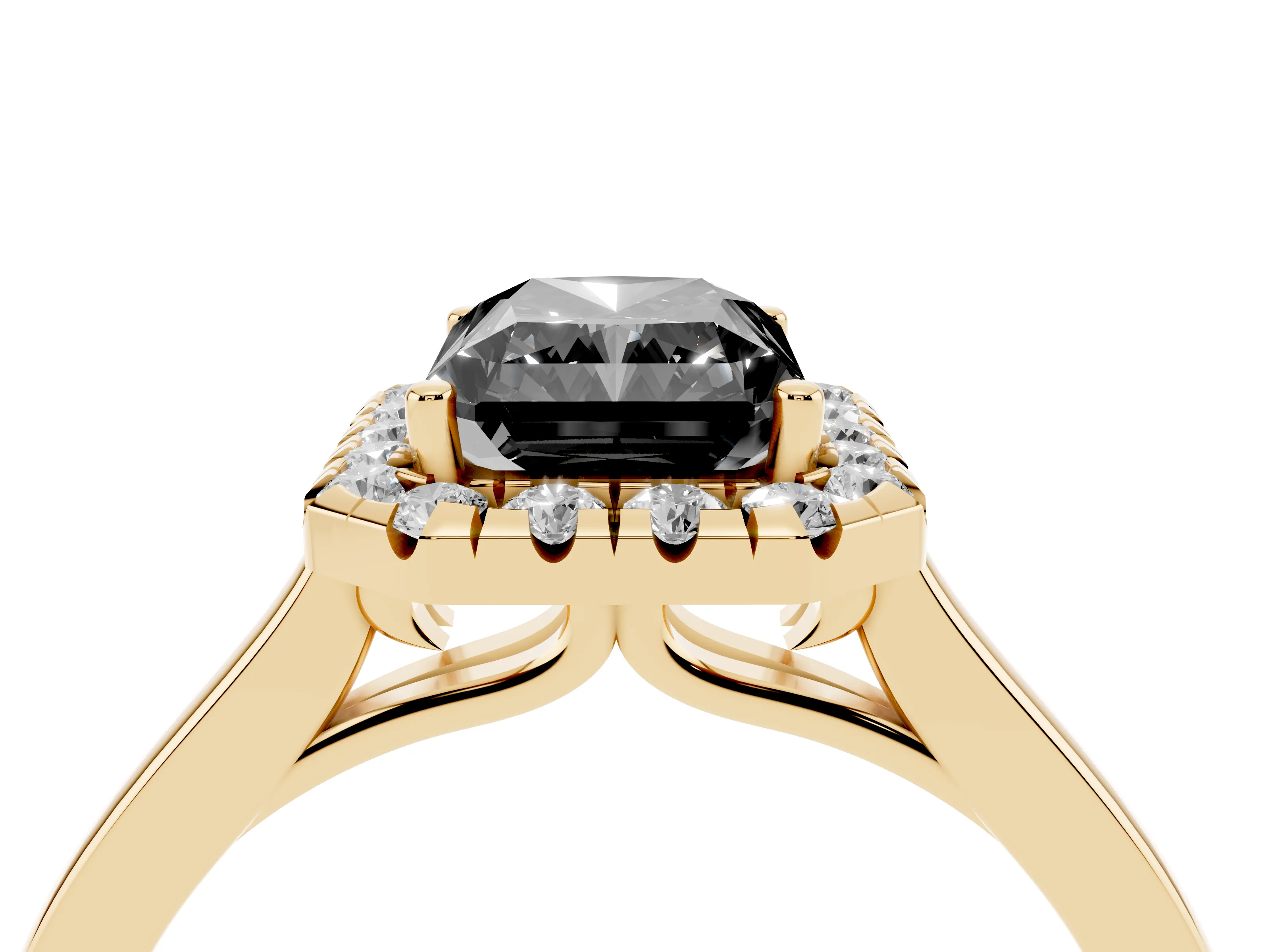 Fancy Black Radiant Cut Halo Round Diamond Solitaire Ring Set in Yellow gold with Pavé Band and Prong Setting