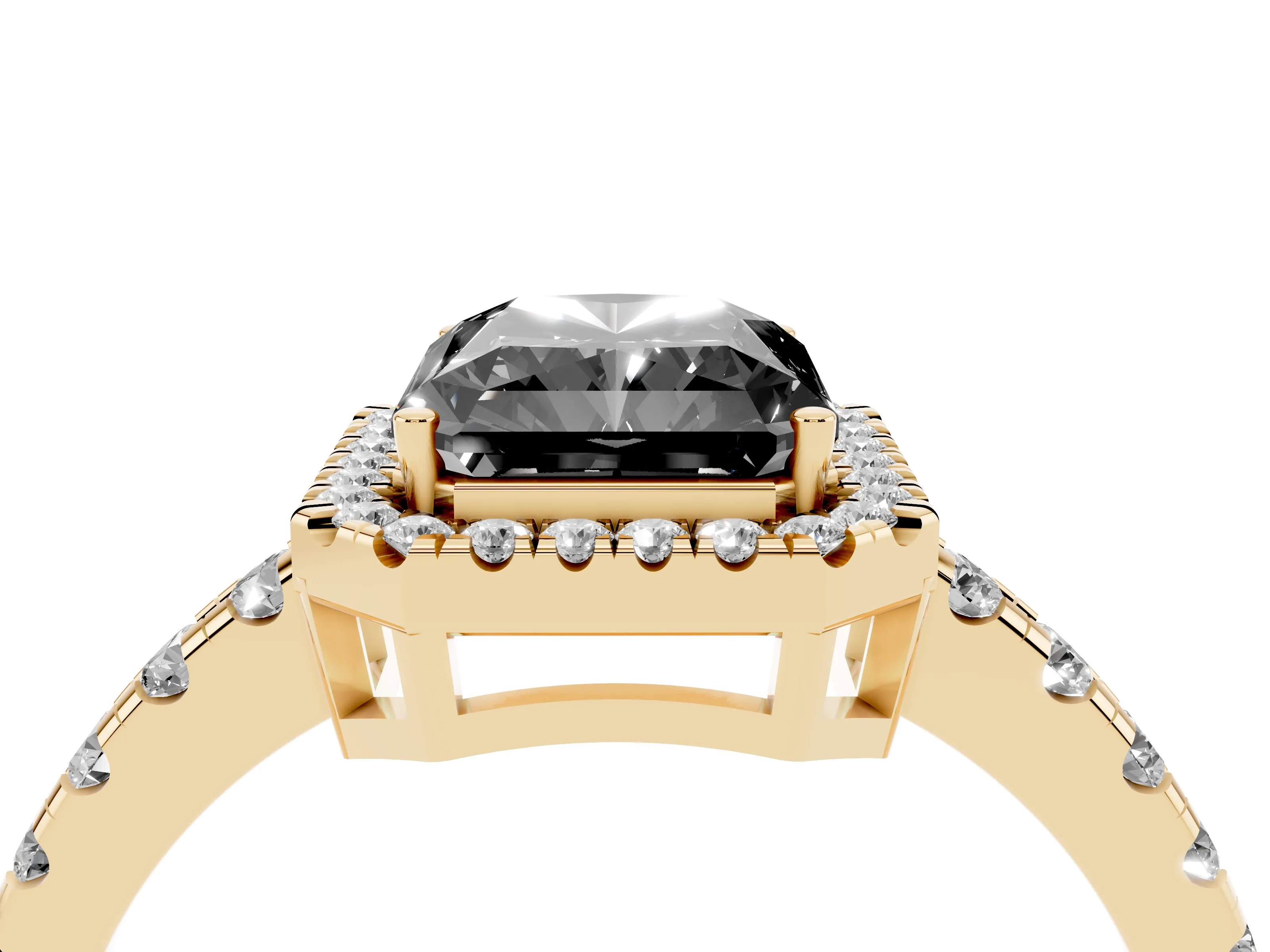 Fancy Black Radiant Cut Diamond Halo Ring Set in Yellow gold with Delicate Pavé Band and Prong Setting