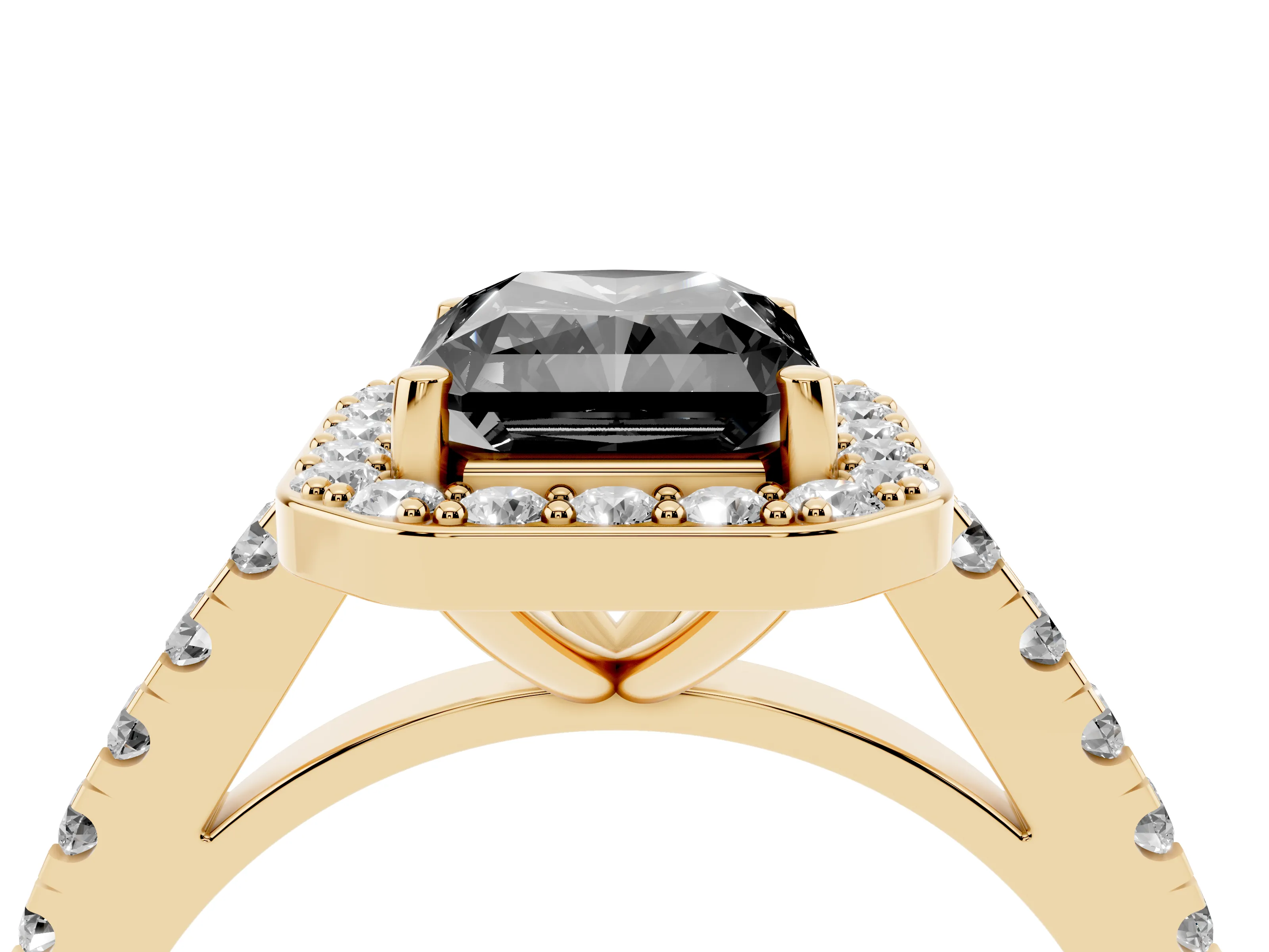 Fancy Black Radiant Cut Diamond Halo Ring Set in Yellow gold with Round Pavé Split Shank and Prong Setting