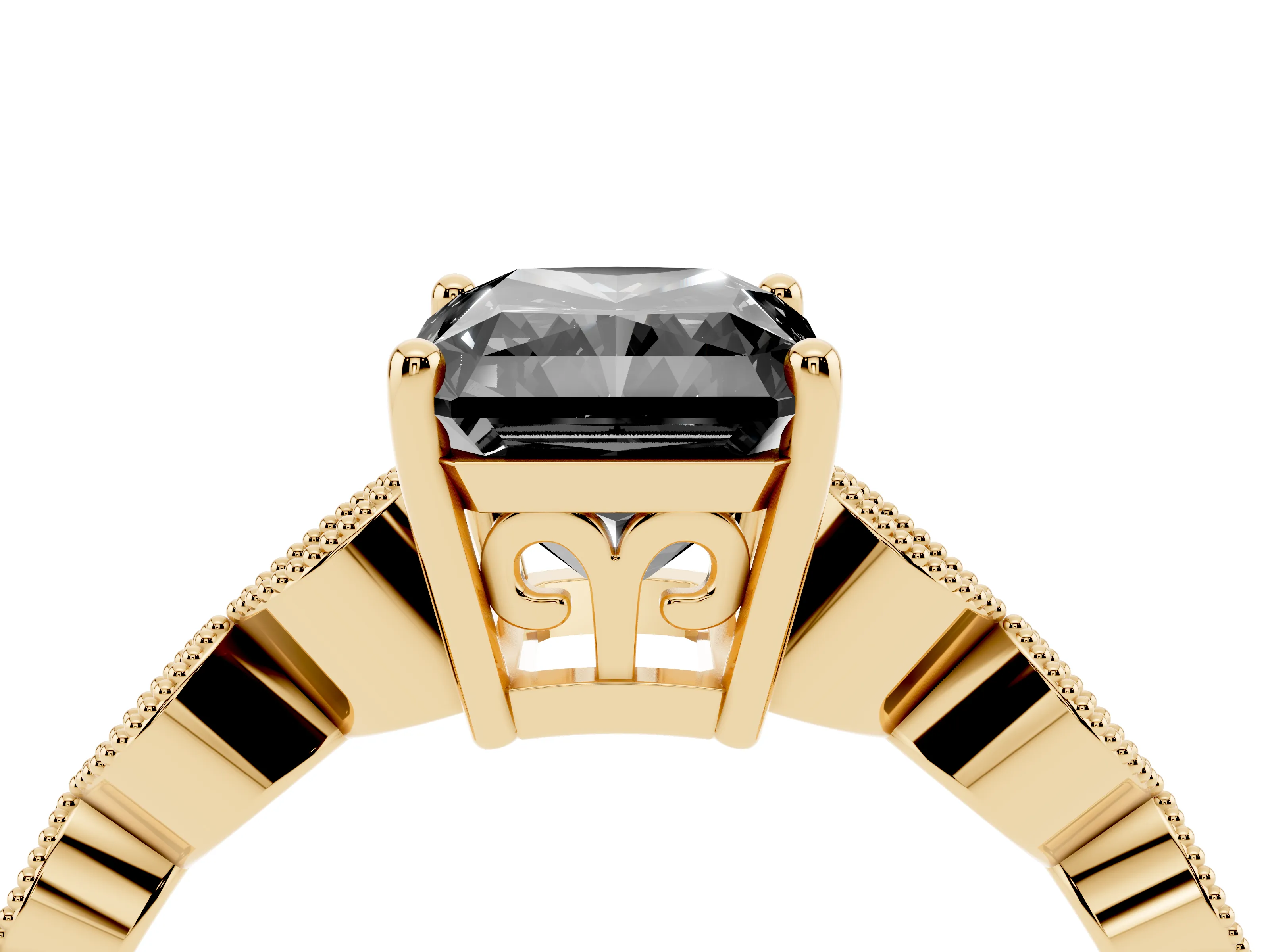 Fancy Black Radiant Cut Diamond Solitaire Ring Set in Yellow gold with Infinity Twist Pavé Band