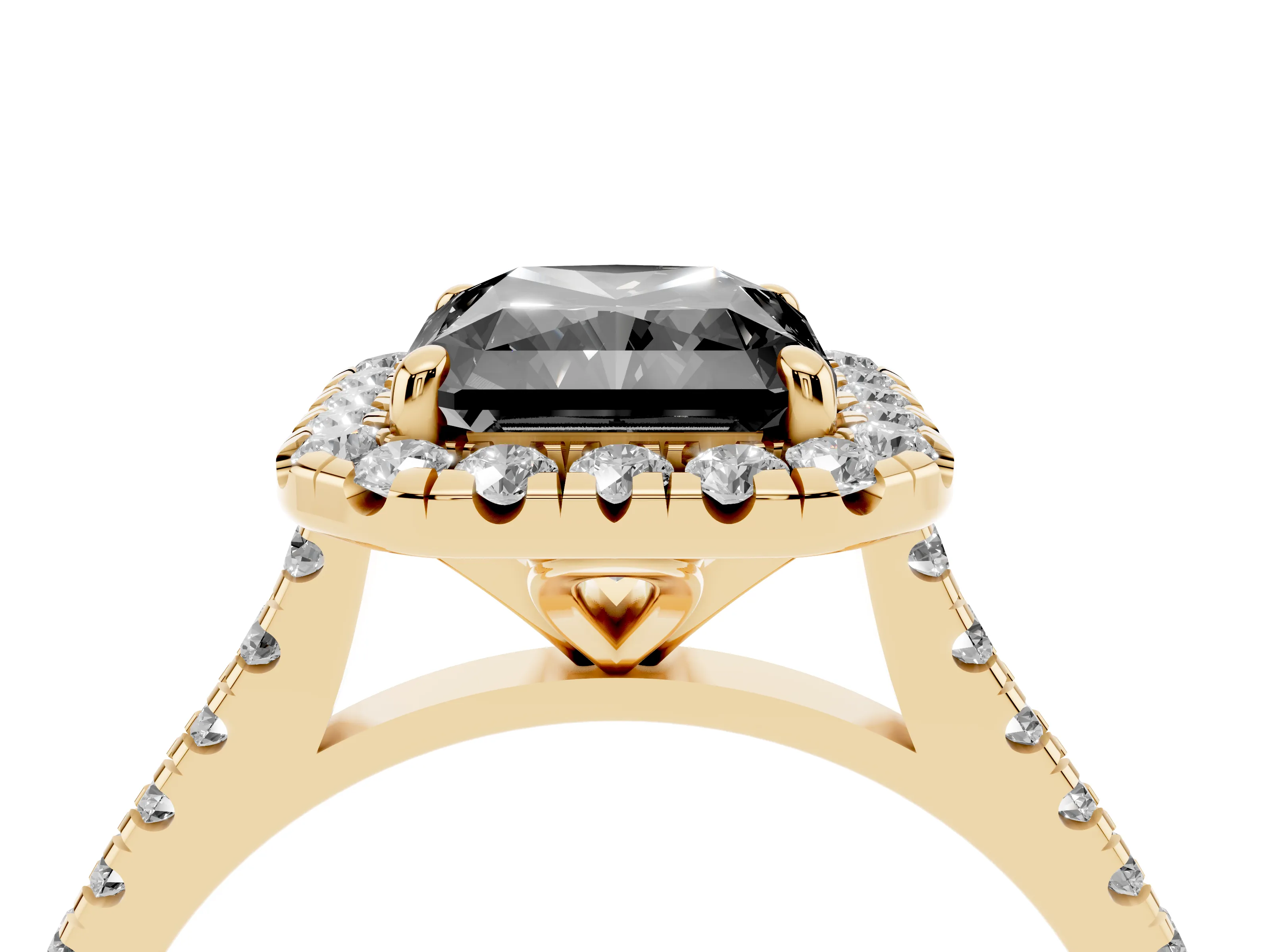 Fancy Black Radiant Cut Diamond Cushion Halo Ring Set in Yellow gold with Pavé Band