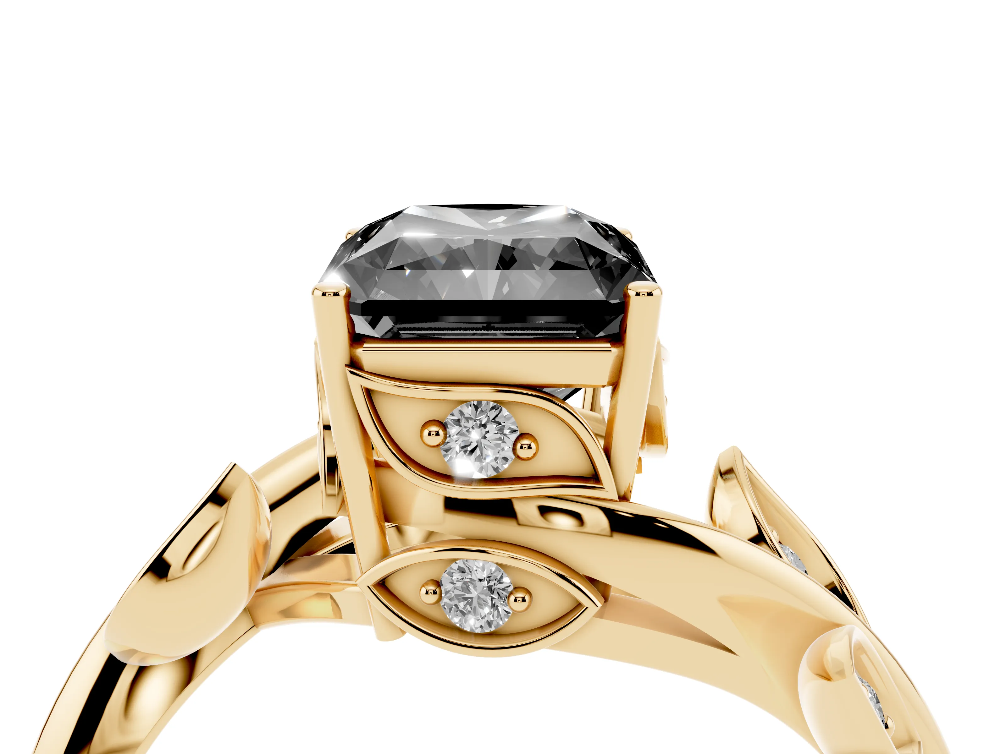 Fancy Black Radiant Cut Diamond Solitaire Twist Engagement Ring Set in Yellow gold with Pavé Leaf Accents