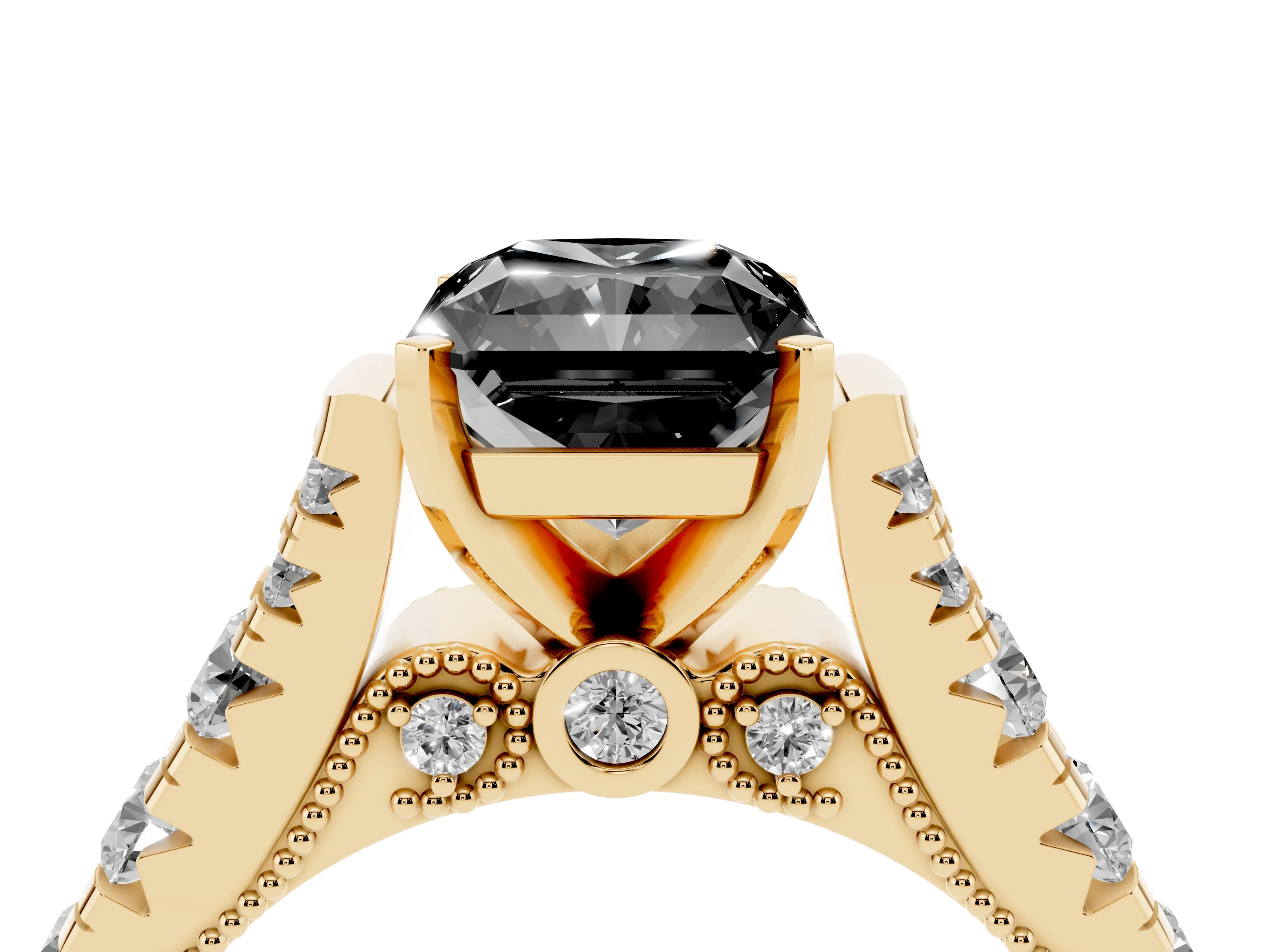 Fancy Black Radiant Cut Diamond Classic Solitaire Ring Set in Yellow gold with Pavé Band and Prong Setting