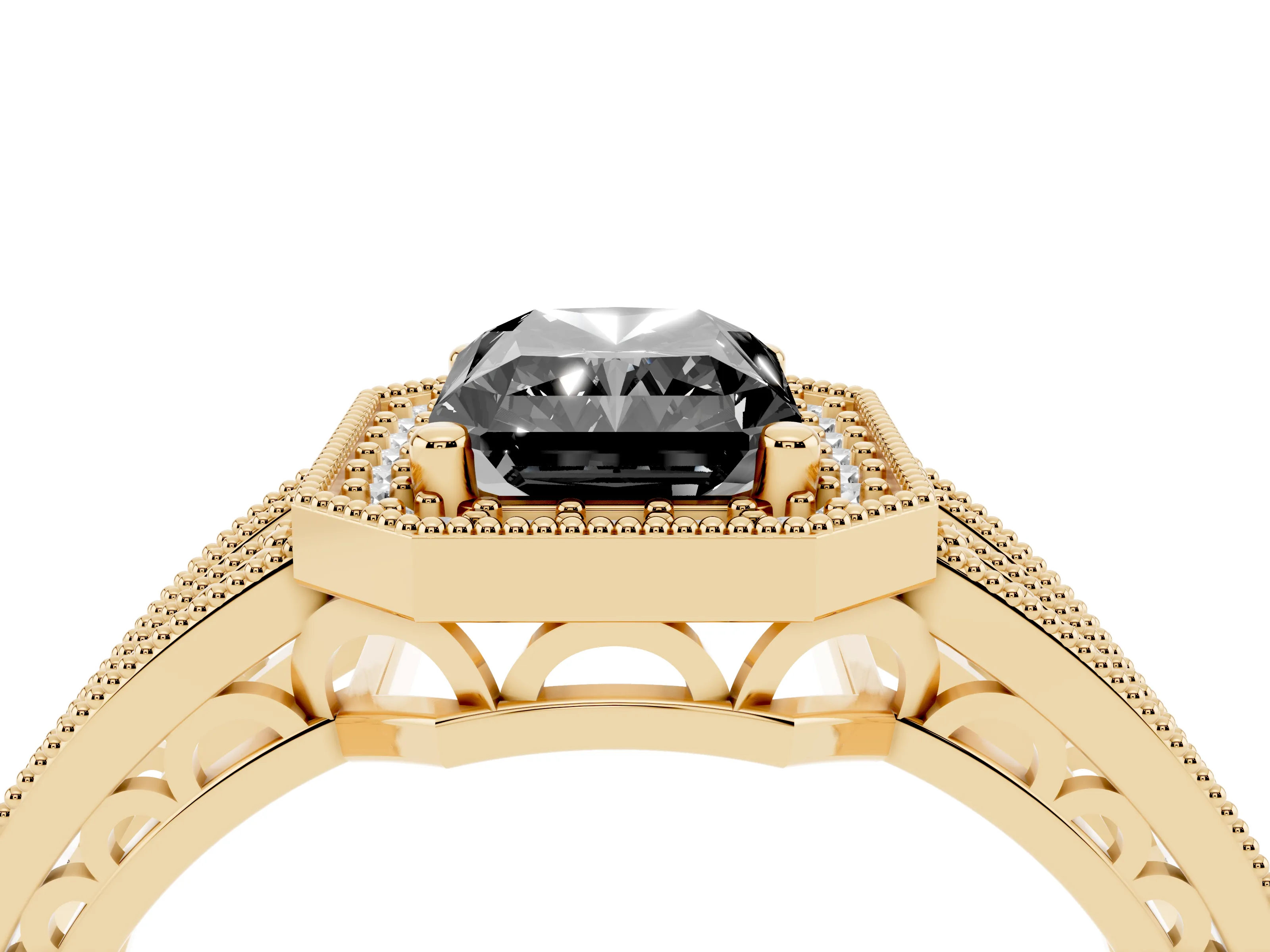 Fancy Black Radiant Cut Diamond Halo Ring Set in Yellow gold with Accent Split Shank and Prong Setting