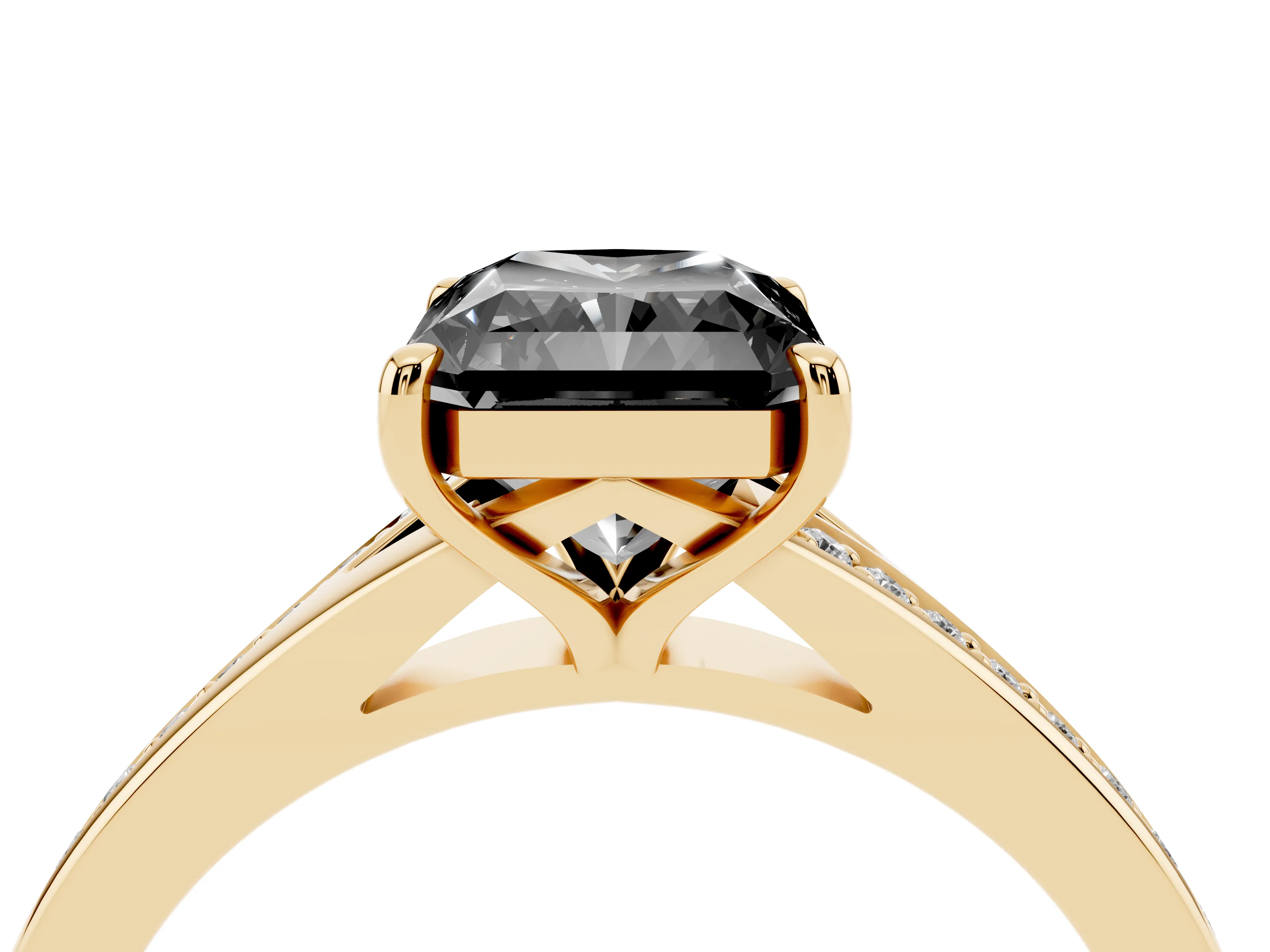 Fancy Black Radiant Cut Diamond Solitaire Ring Set in Yellow gold with Pavé Accent Band and Classic Prong Setting