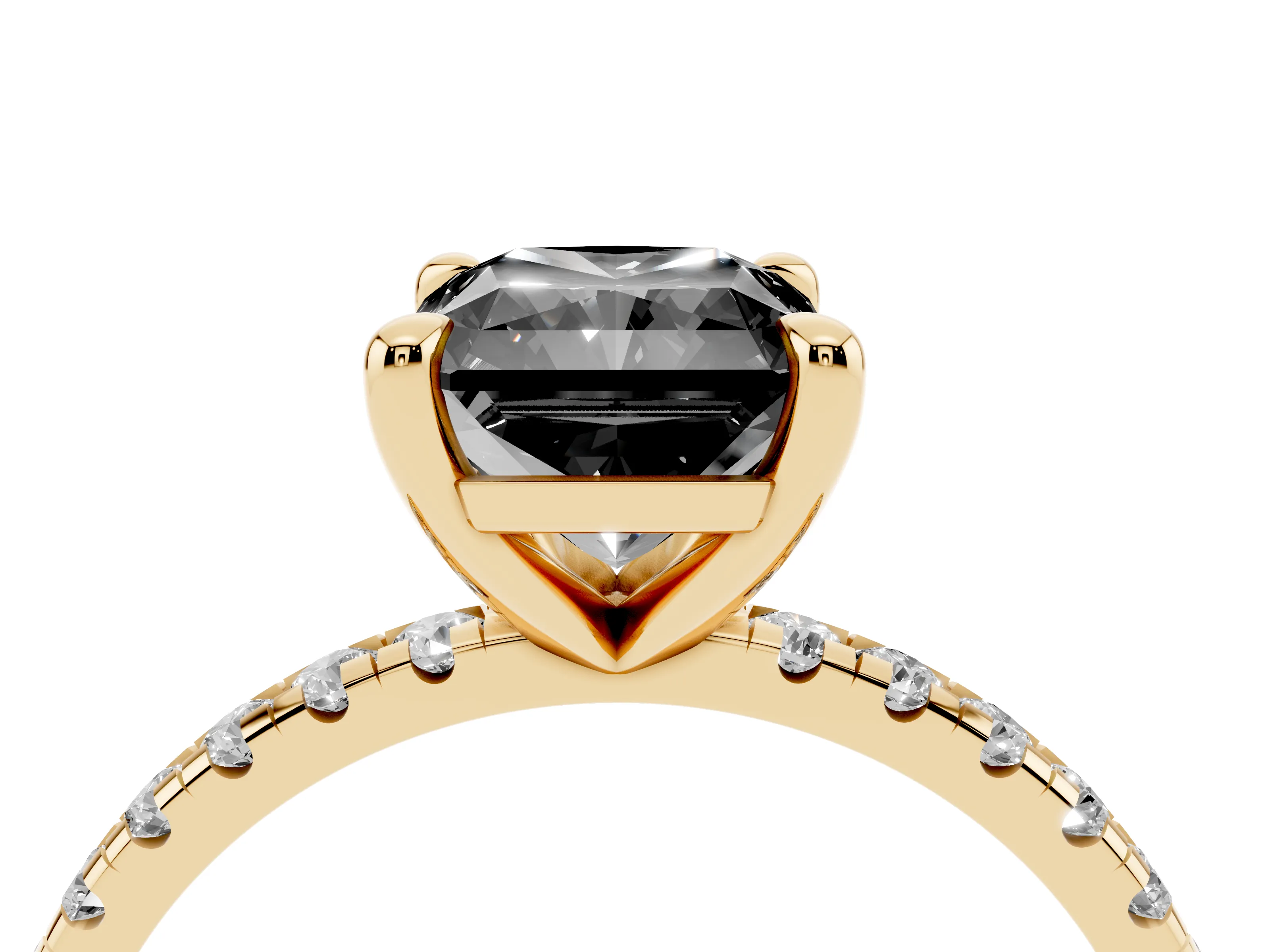 Fancy Black Radiant Cut Diamond Brilliant Solitaire Ring Set in Yellow gold with Pavé Band and Prong Setting