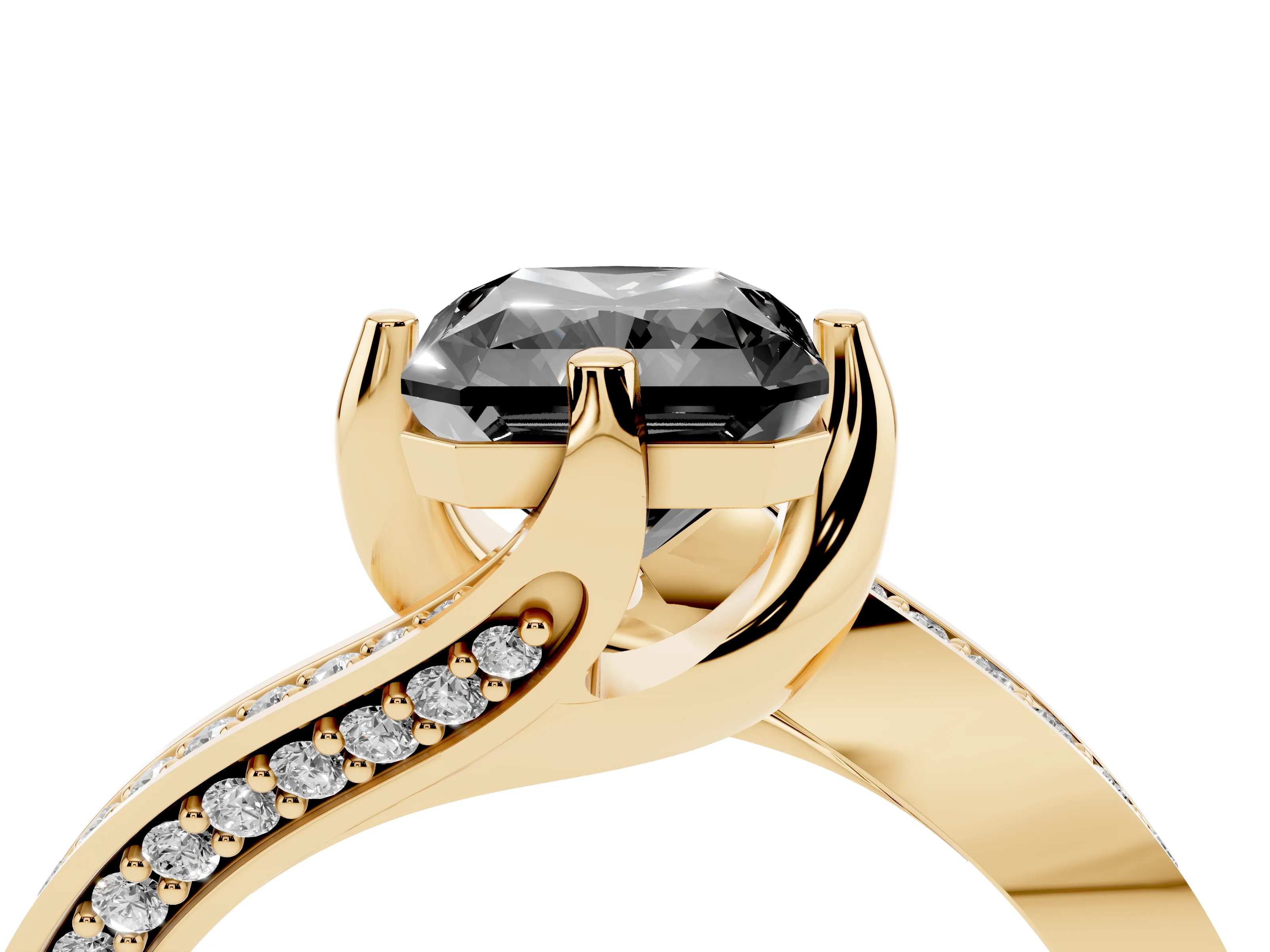 Fancy Black Radiant Cut Diamond Solitaire Ring Set in Yellow gold with Intertwined Pavé Twist Band