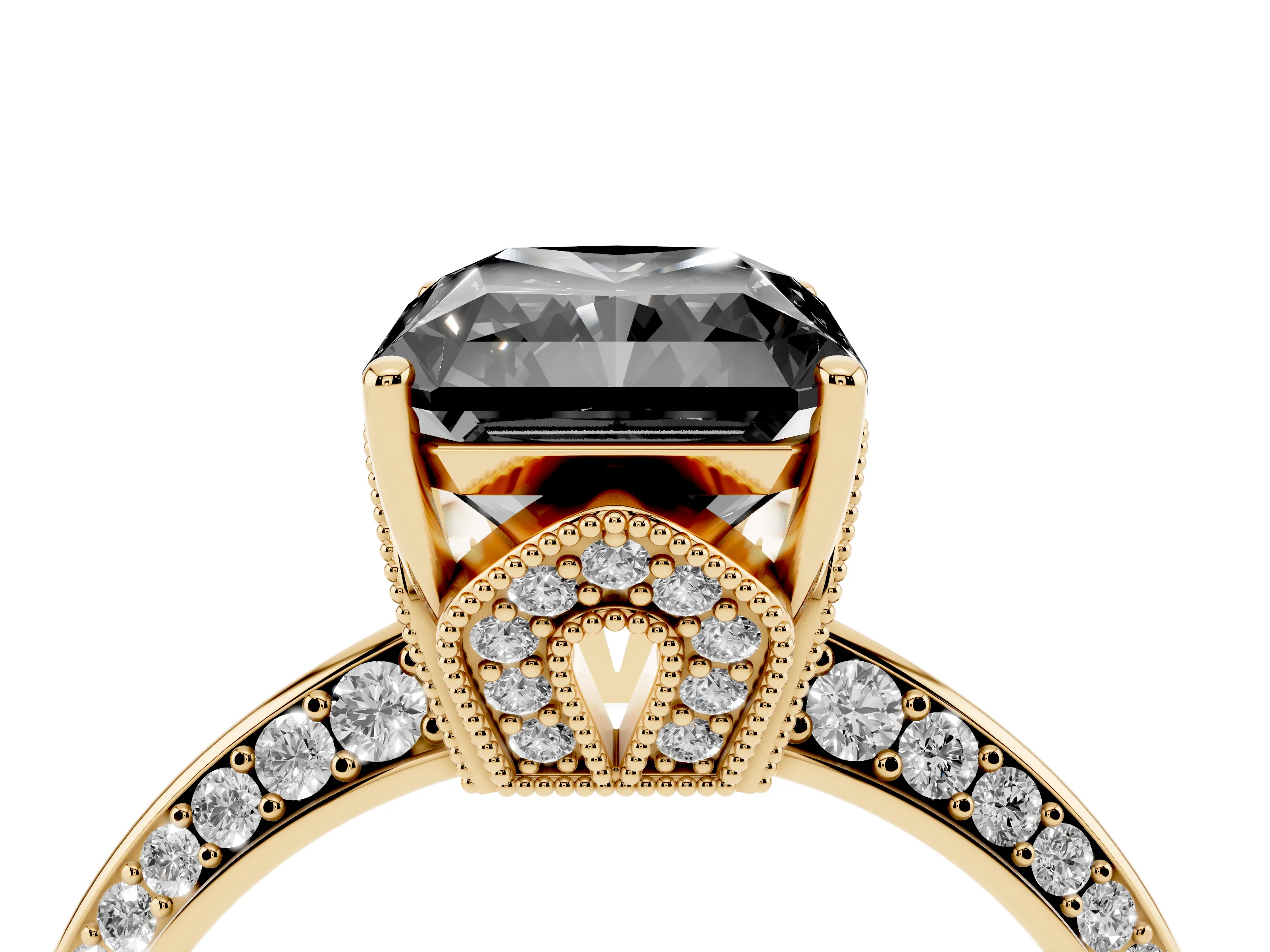 Fancy Black Radiant Cut Diamond Solitaire Engagement Ring Set in Yellow gold with Pavé Split Shank and Prong Setting