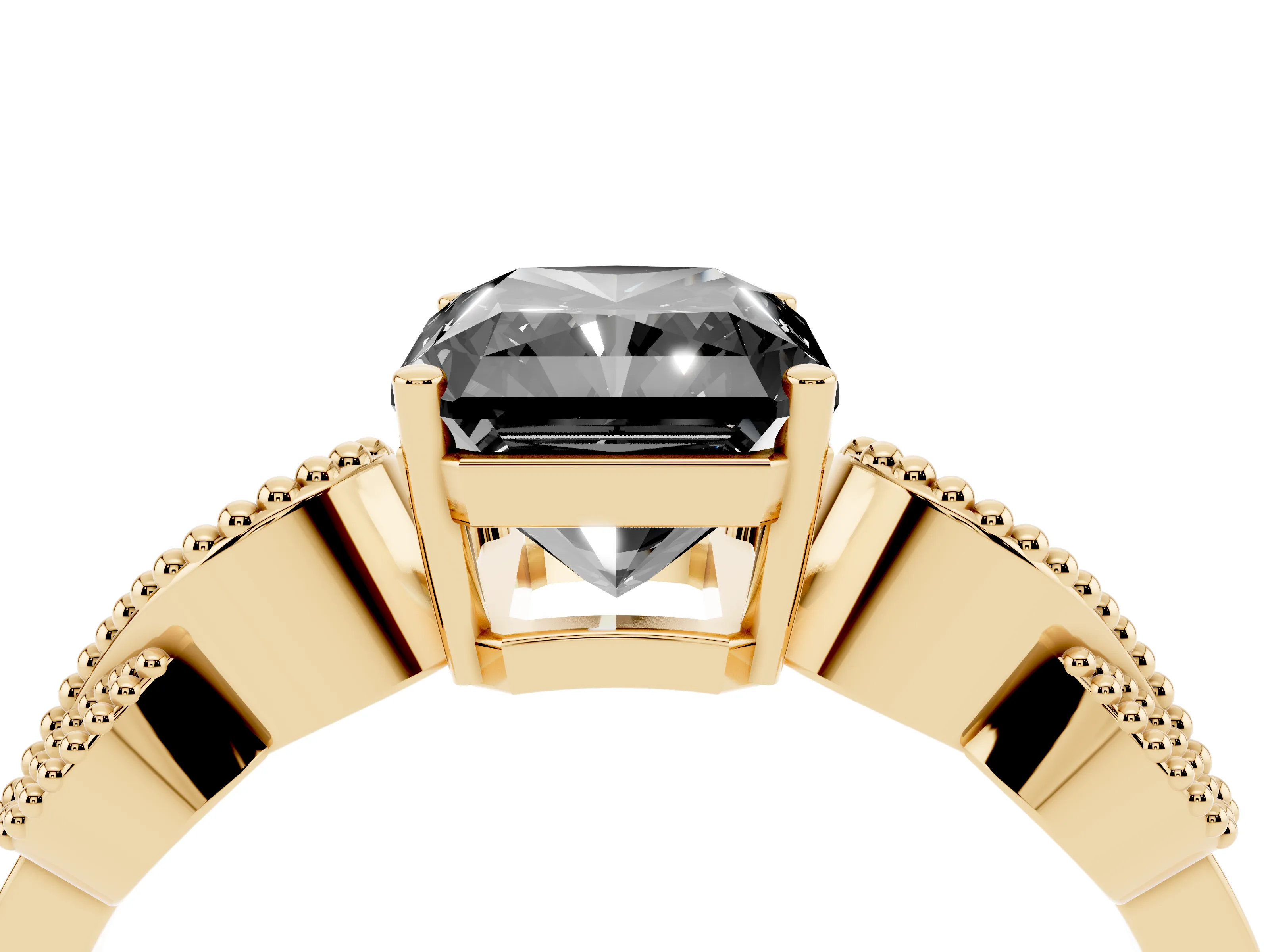 Fancy Black Radiant Cut Diamond Milgrain Leaf Band Solitaire Ring Set in Yellow gold with Accent Stones and Prong Setting
