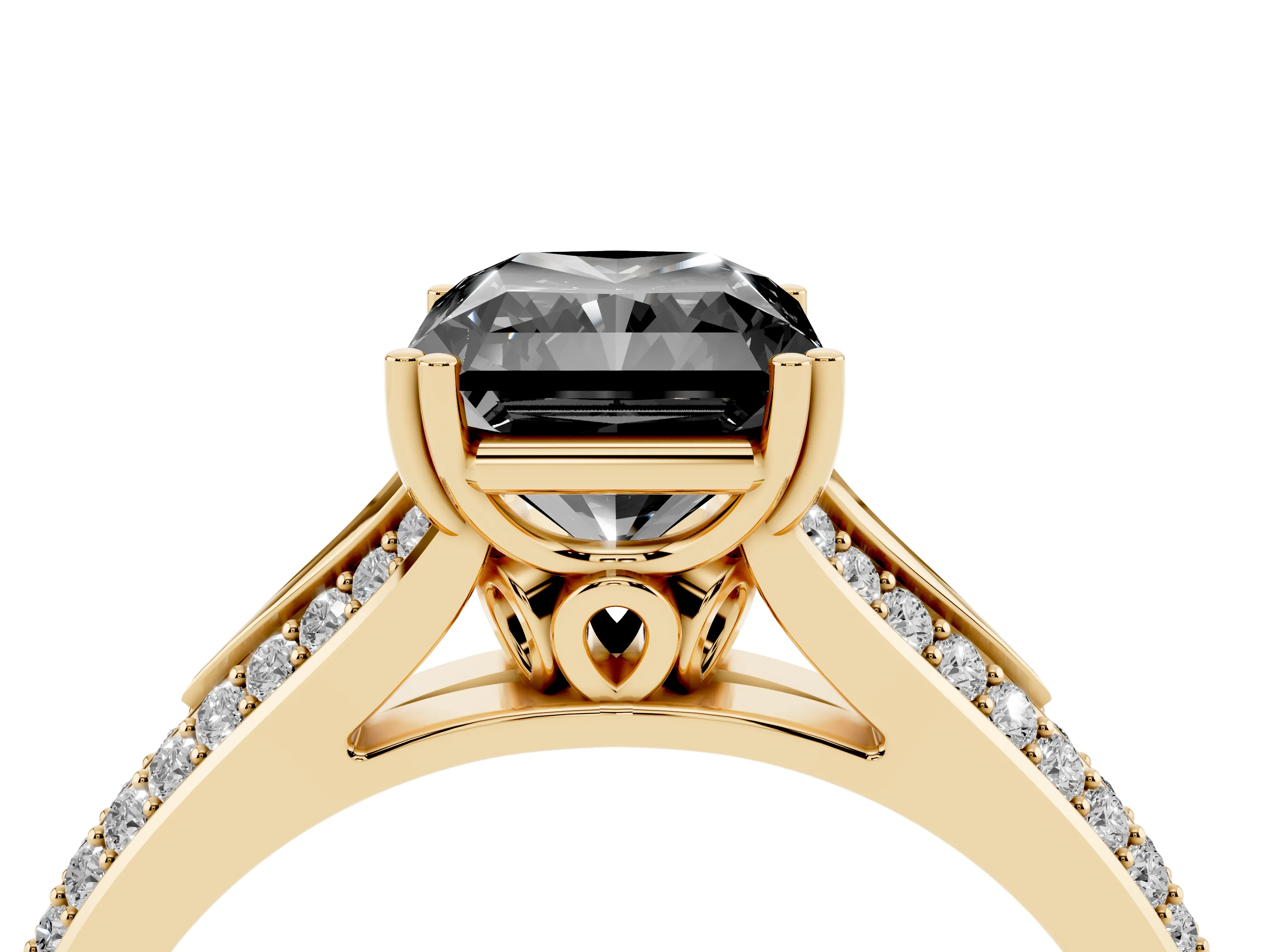 Fancy Black Radiant Cut Diamond Split Shank Pavé Engagement Ring Set in Yellow gold with Prong-Set Center Stone