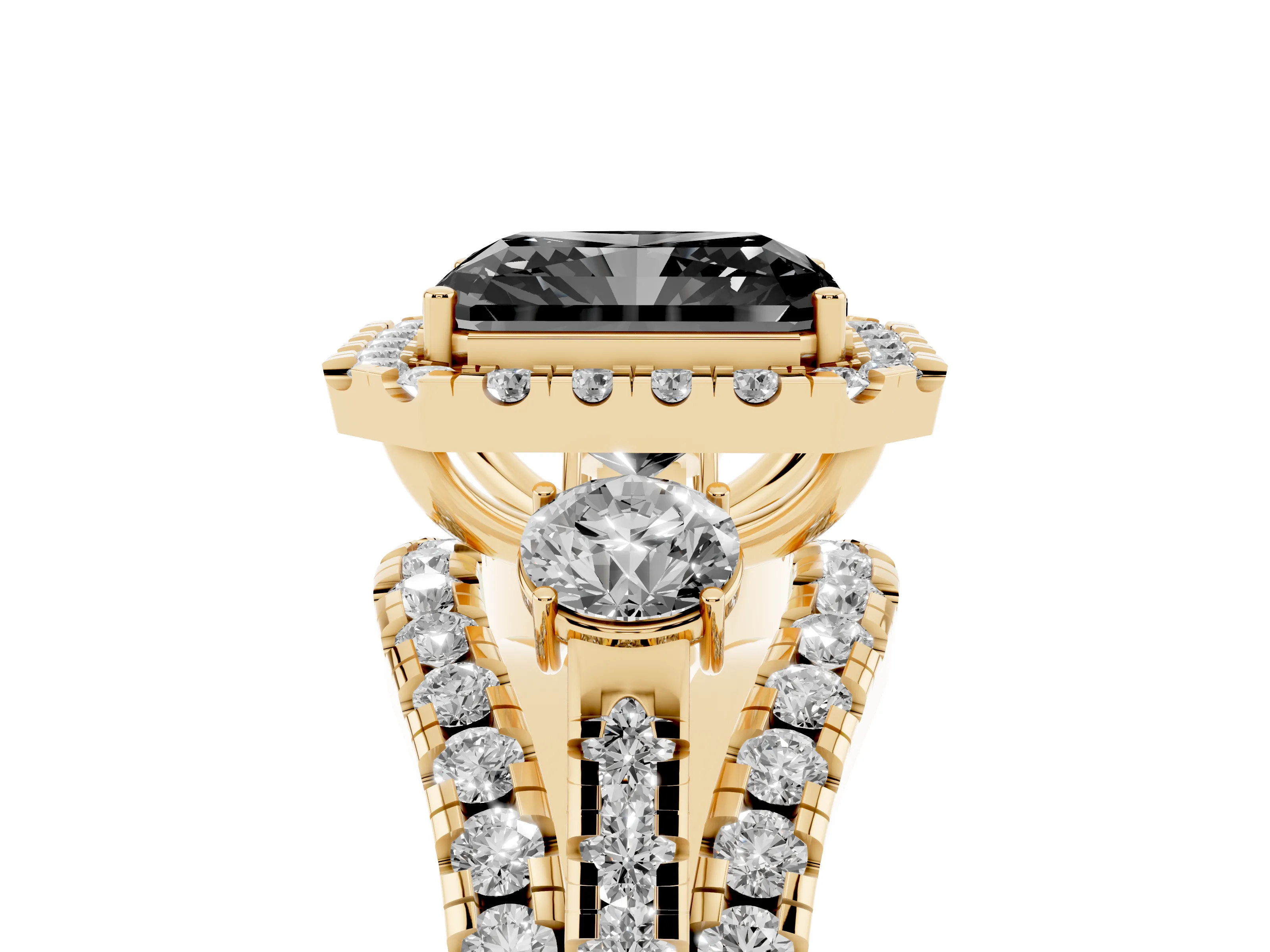 Fancy Black Radiant Cut Diamond Halo Split Shank Ring Set in Yellow gold with Round Accent Stones and Prong Setting