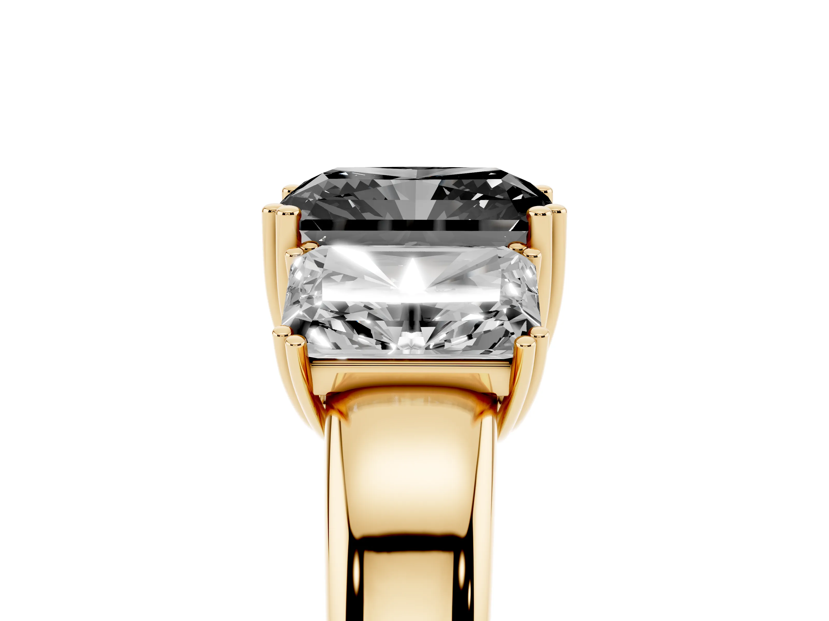Fancy Black Radiant Cut Diamond Three-Stone Ring Set in Yellow gold with Polished Channel-Set Band