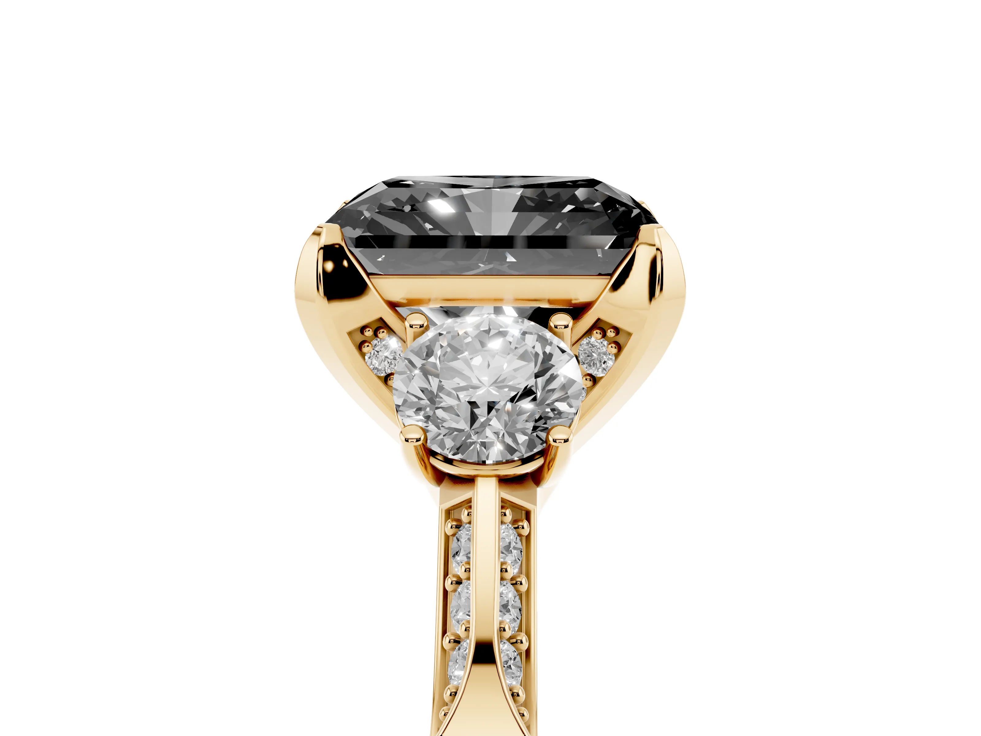 Fancy Black Radiant Cut Diamond Three-Stone Ring Set in Yellow gold with Pavé Band and Smaller Side Stones